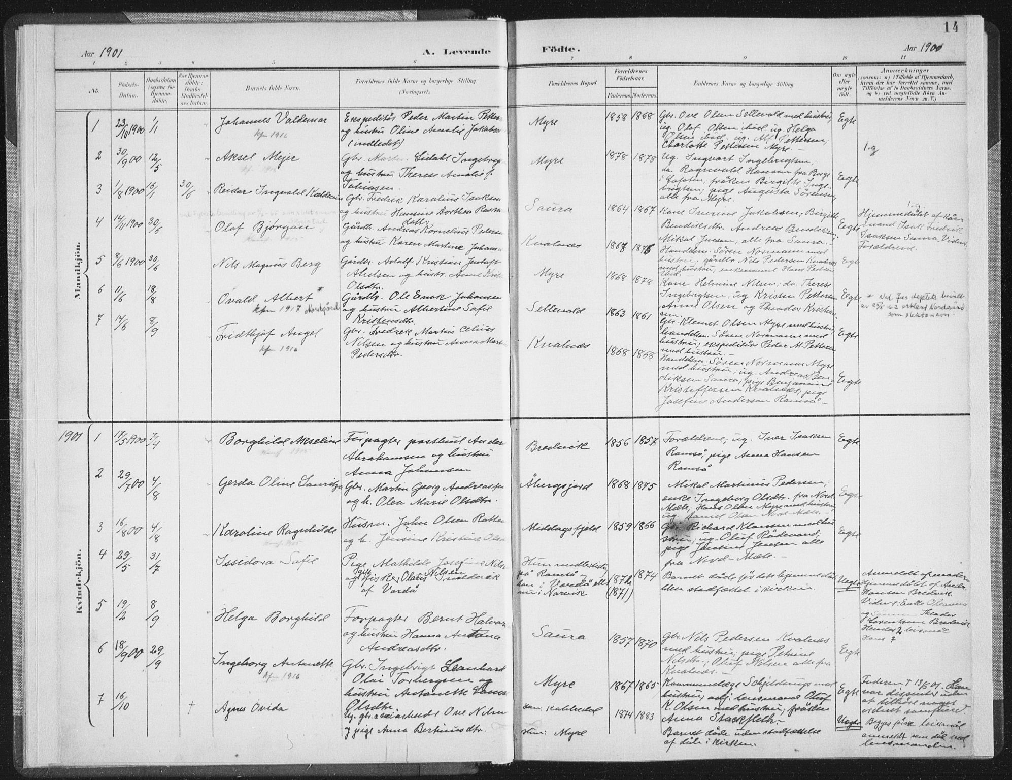 Ministerialprotokoller, klokkerbøker og fødselsregistre - Nordland, SAT/A-1459/897/L1400: Parish register (official) no. 897A07, 1897-1908, p. 14