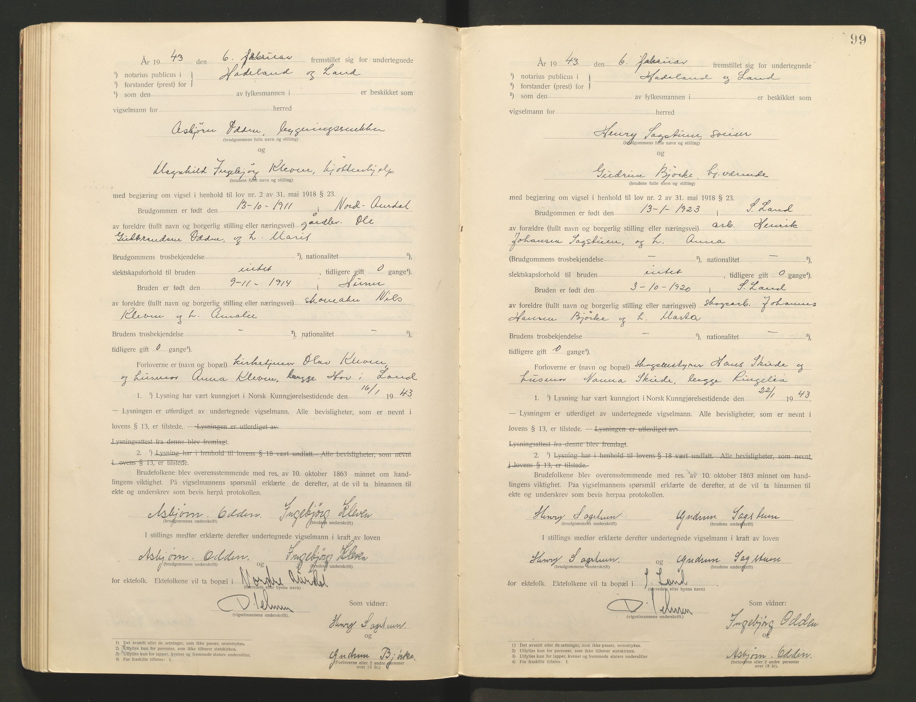 Hadeland og Land tingrett, AV/SAH-TING-010/L/Lb/L0001: Vigselbok, 1920-1943, p. 99
