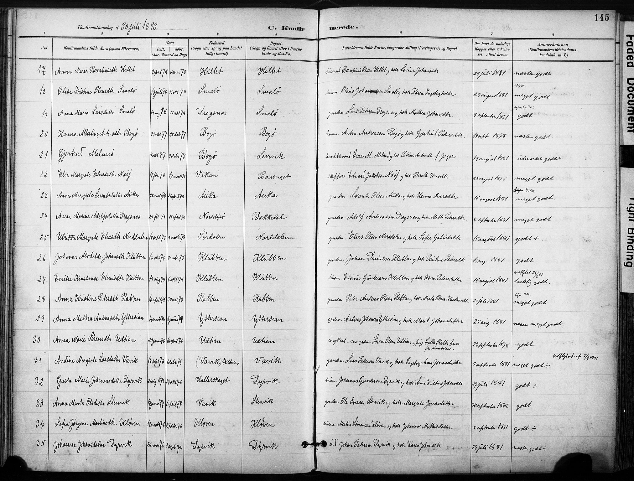 Ministerialprotokoller, klokkerbøker og fødselsregistre - Sør-Trøndelag, AV/SAT-A-1456/640/L0579: Parish register (official) no. 640A04, 1889-1902, p. 145