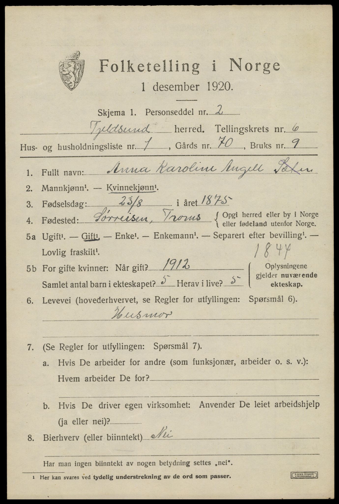 SAT, 1920 census for Tjeldsund, 1920, p. 3232