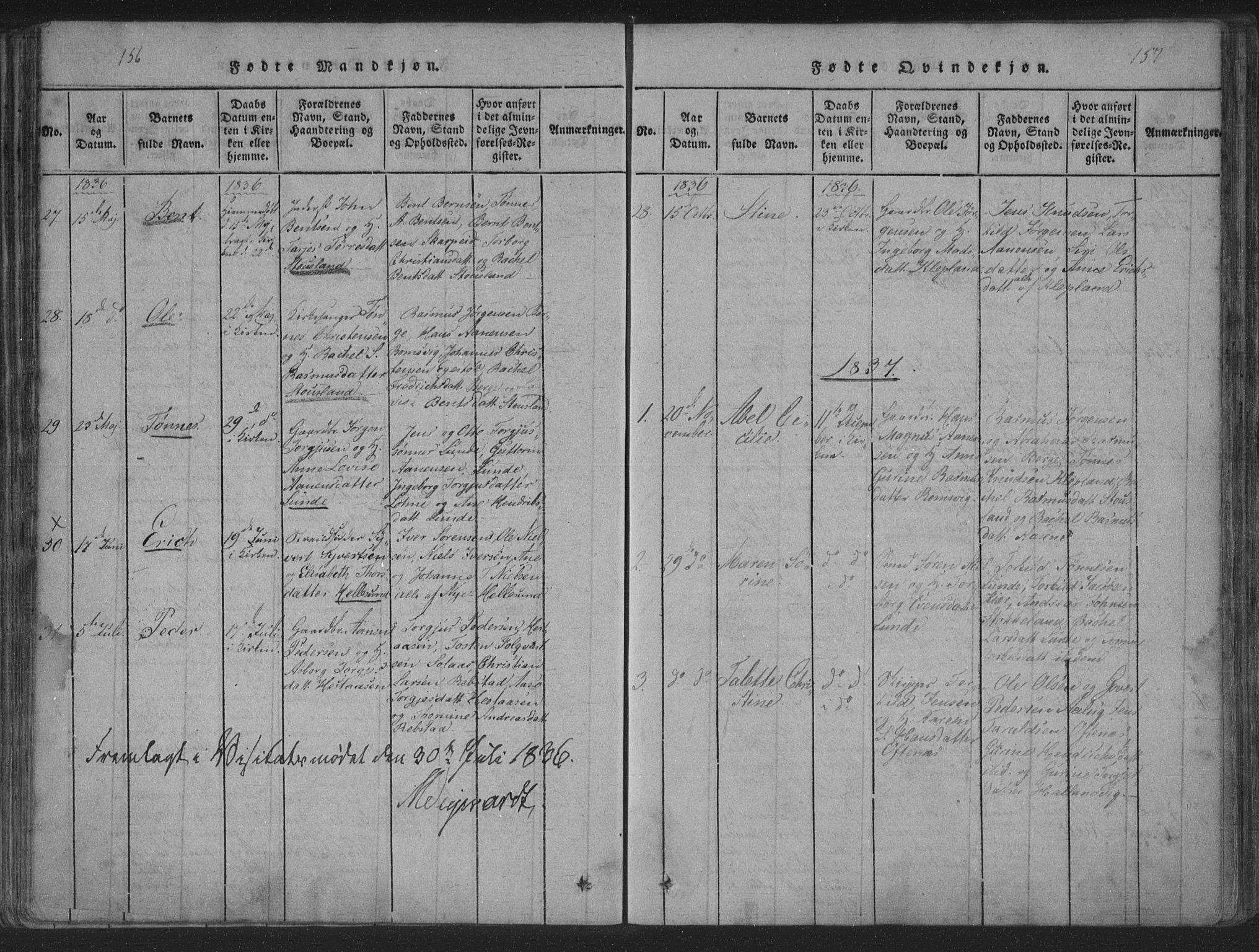 Søgne sokneprestkontor, SAK/1111-0037/F/Fa/Fab/L0008: Parish register (official) no. A 8, 1821-1838, p. 156-157