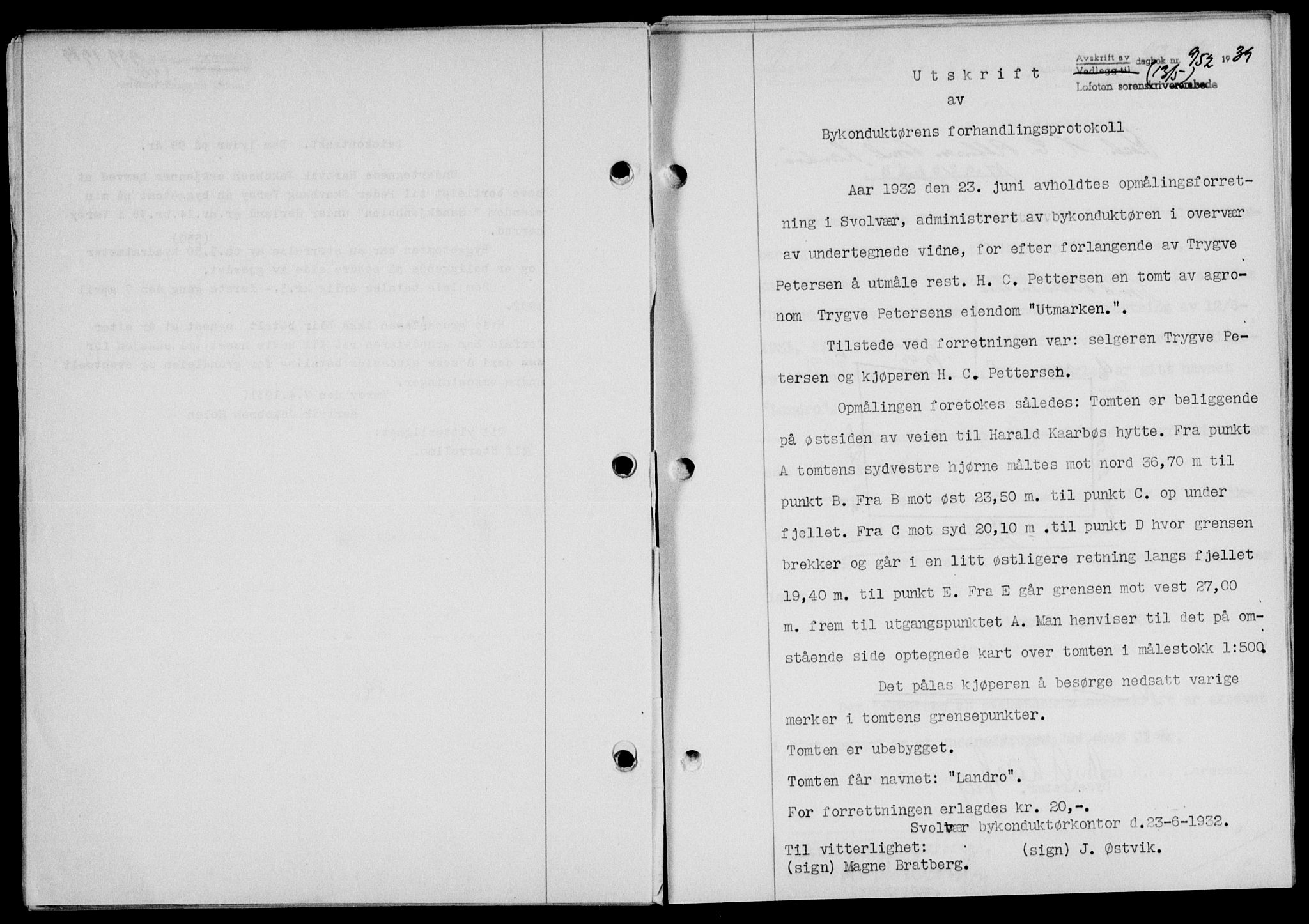 Lofoten sorenskriveri, SAT/A-0017/1/2/2C/L0005a: Mortgage book no. 5a, 1939-1939, Diary no: : 952/1939