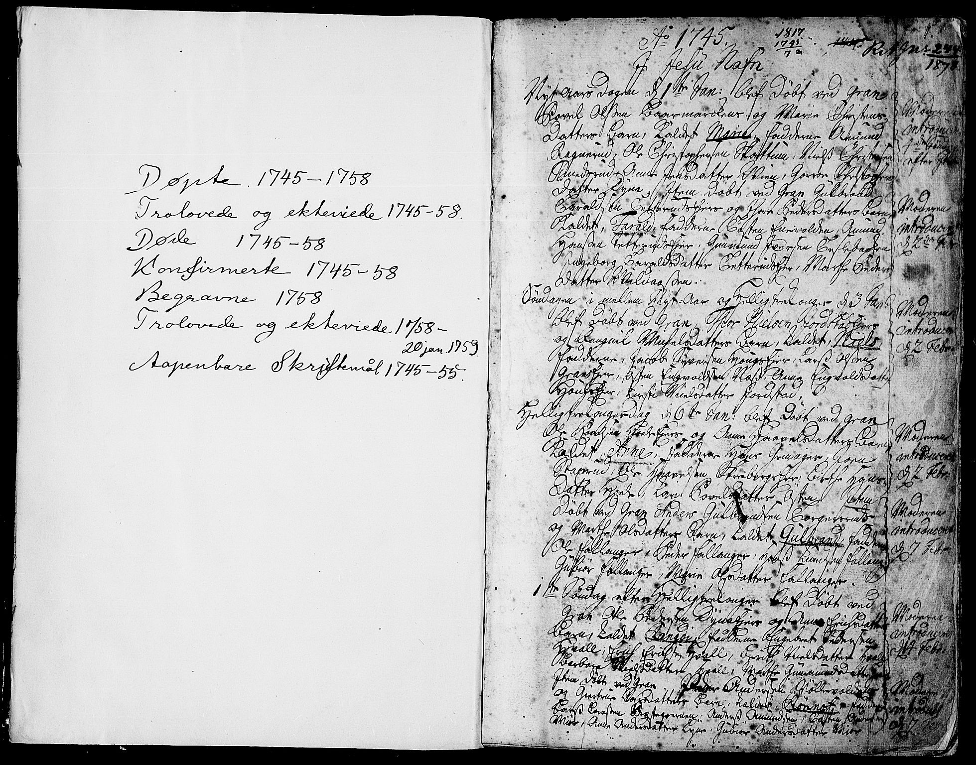 Gran prestekontor, SAH/PREST-112/H/Ha/Haa/L0003: Parish register (official) no. 3, 1745-1758, p. 1