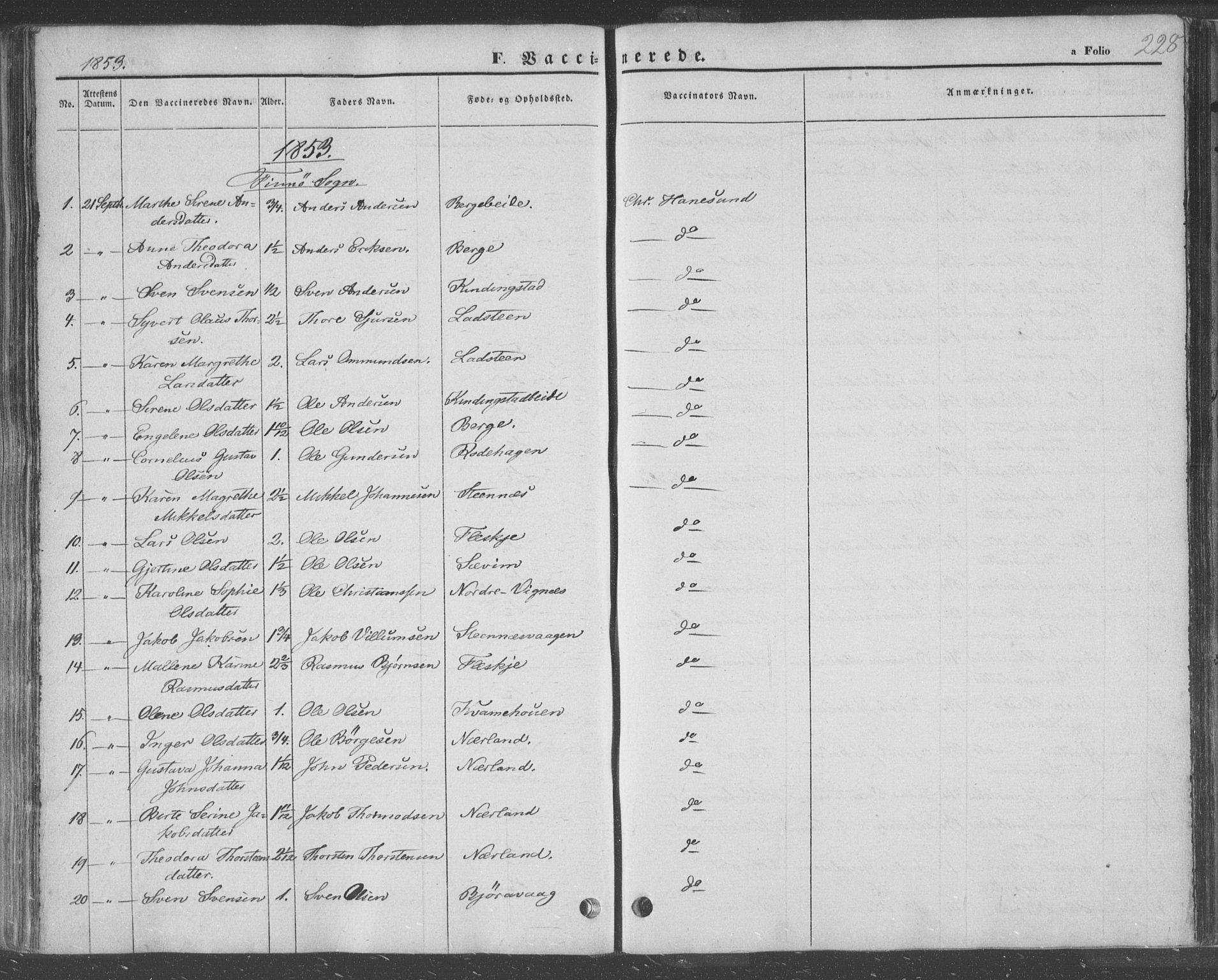Finnøy sokneprestkontor, SAST/A-101825/H/Ha/Haa/L0007: Parish register (official) no. A 7, 1847-1862, p. 228