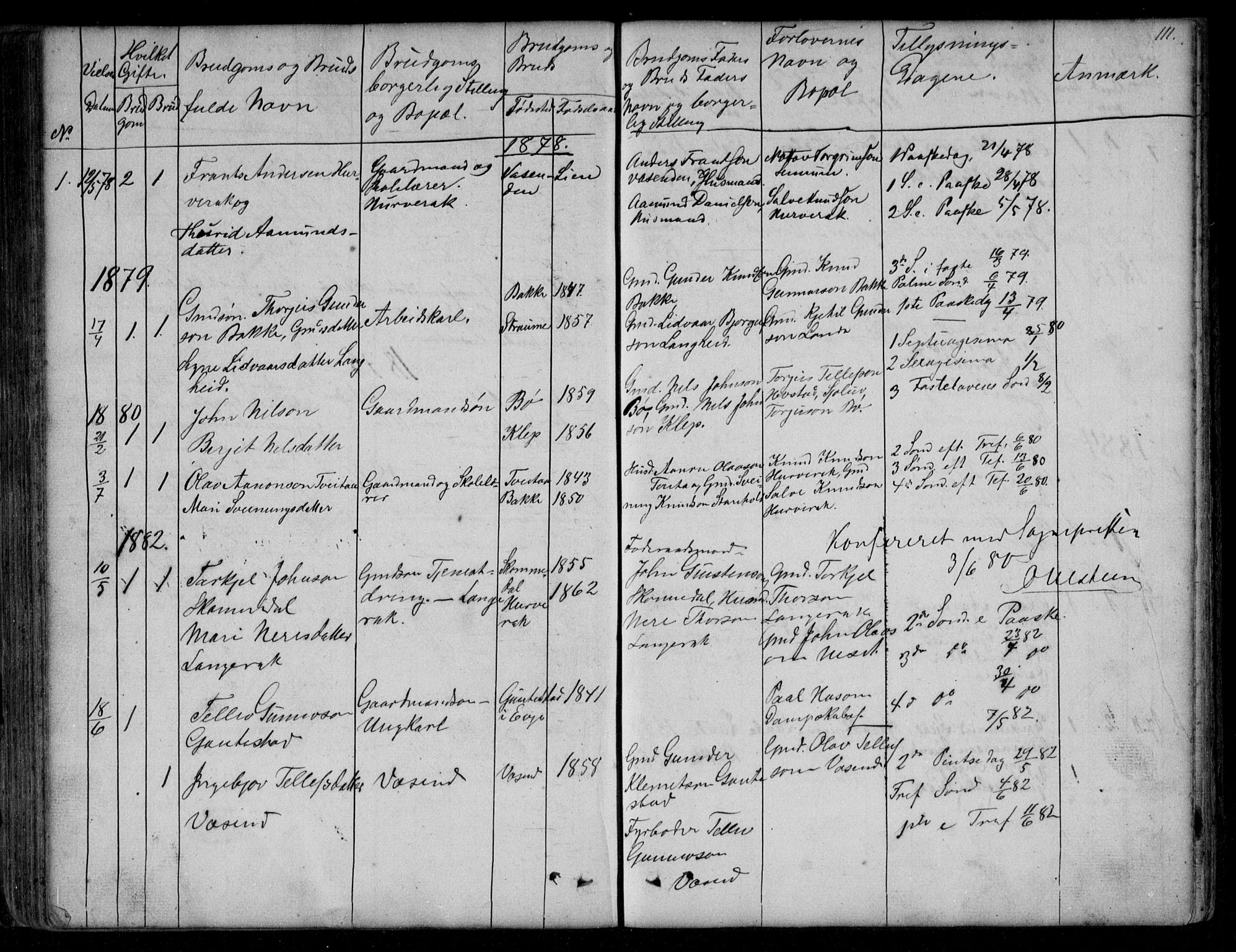 Bygland sokneprestkontor, SAK/1111-0006/F/Fb/Fbd/L0001: Parish register (copy) no. B 1, 1848-1895, p. 111