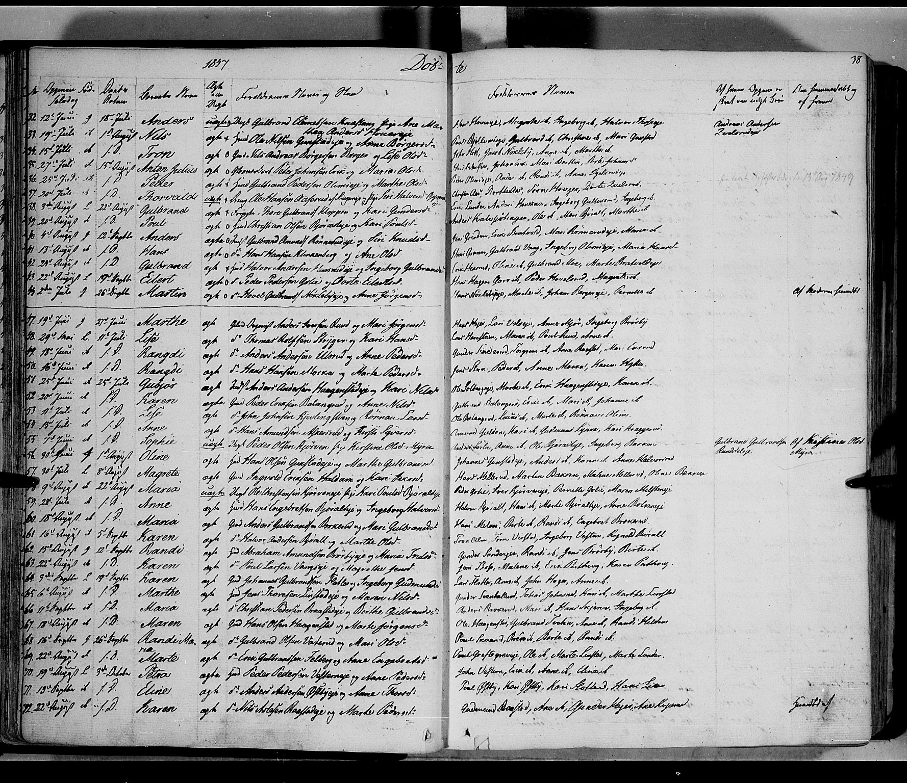 Jevnaker prestekontor, SAH/PREST-116/H/Ha/Haa/L0006: Parish register (official) no. 6, 1837-1857, p. 38