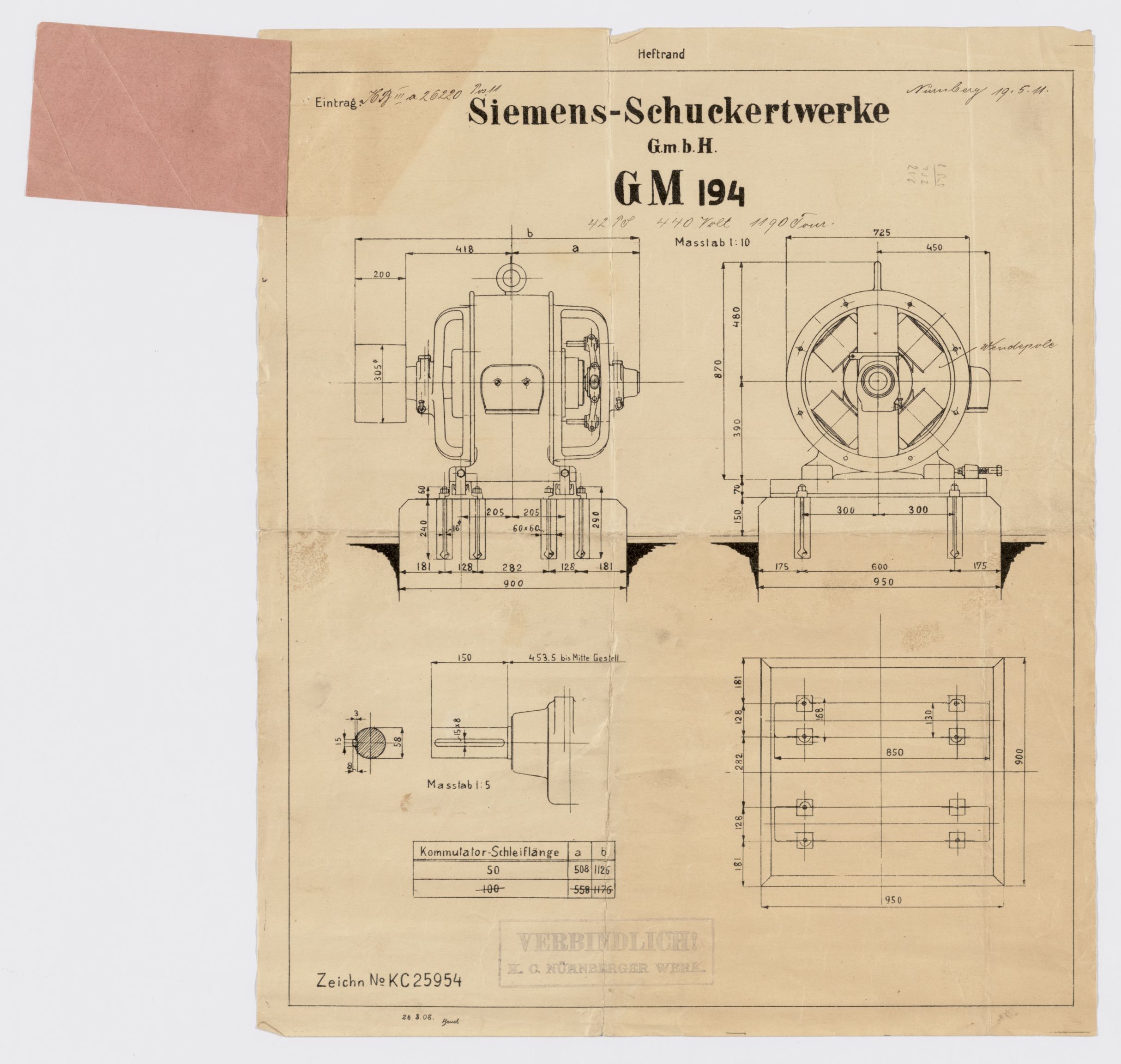 Tingvoll Ullvarefabrikk, IKAM/P-00482/T/Ta/L0007: Tegninger av maskineri fra Siemens-Schuckert Werke, 1911-1913