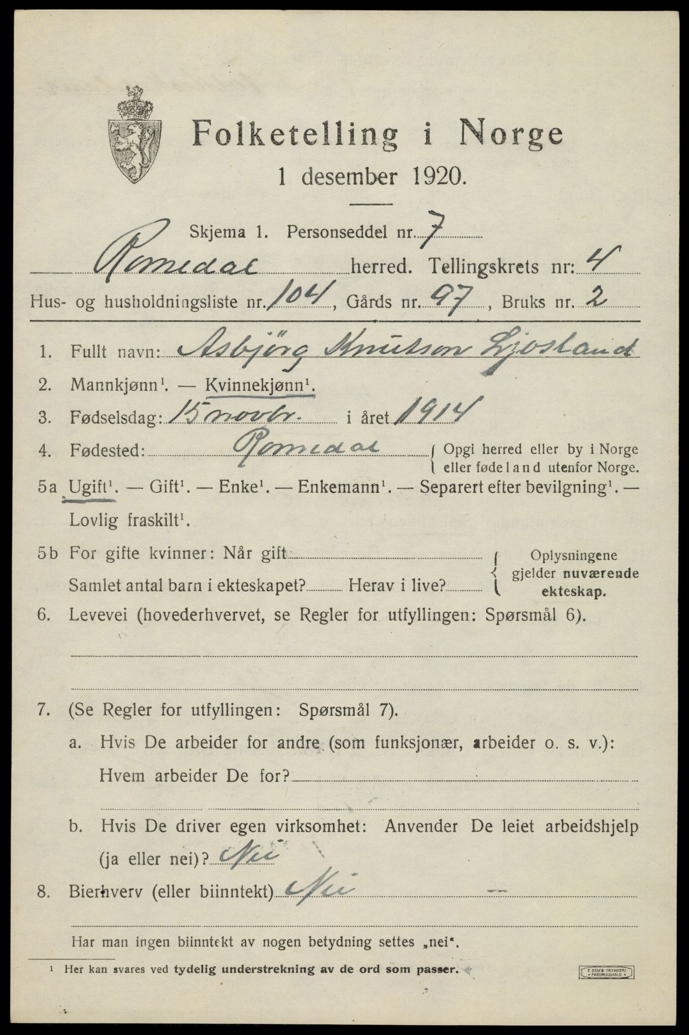 SAH, 1920 census for Romedal, 1920, p. 6939