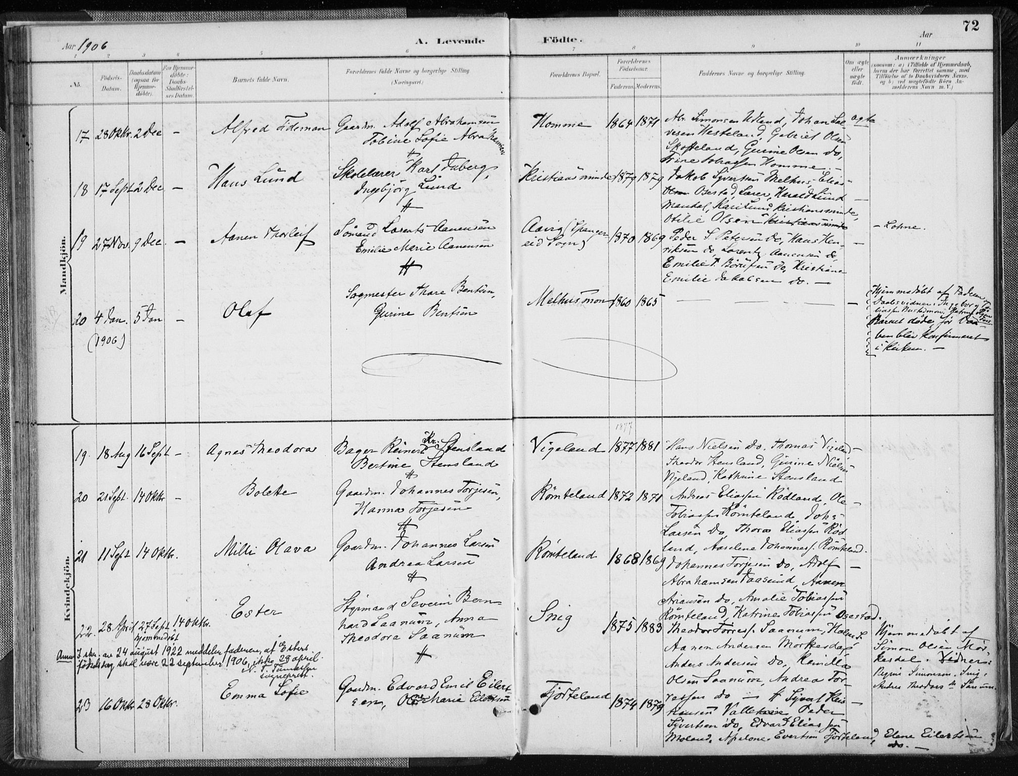 Sør-Audnedal sokneprestkontor, AV/SAK-1111-0039/F/Fa/Fab/L0010: Parish register (official) no. A 10, 1892-1913, p. 72