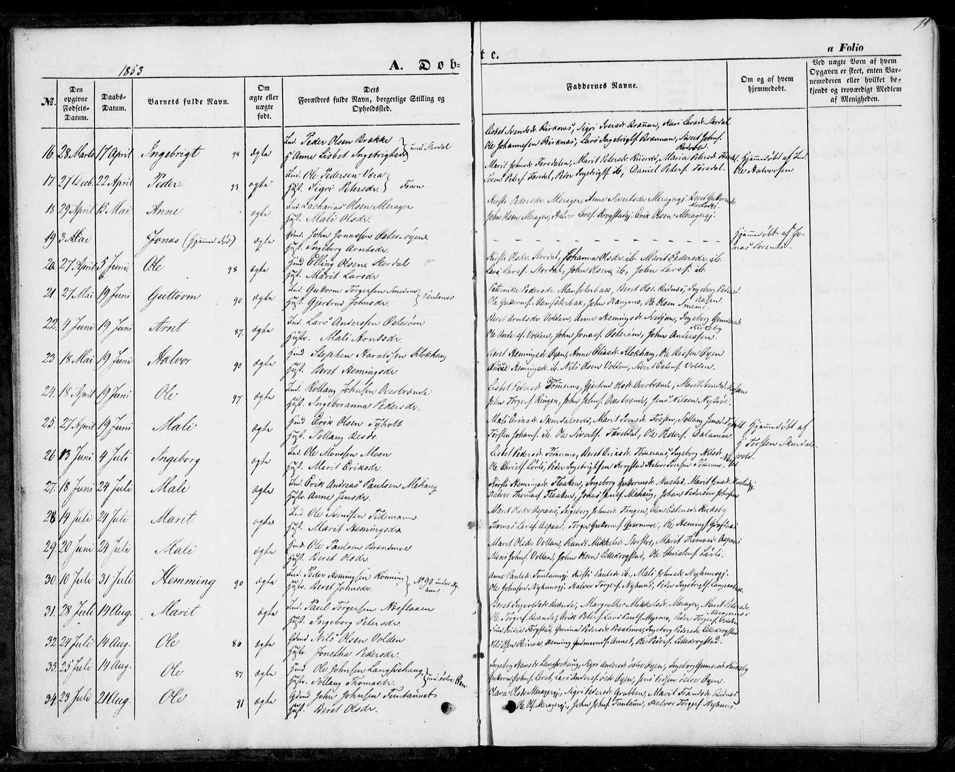Ministerialprotokoller, klokkerbøker og fødselsregistre - Nord-Trøndelag, SAT/A-1458/706/L0040: Parish register (official) no. 706A01, 1850-1861, p. 11