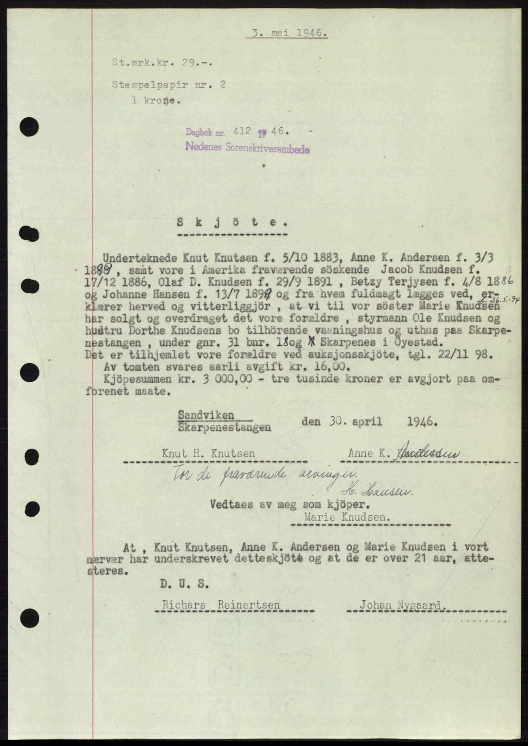 Nedenes sorenskriveri, SAK/1221-0006/G/Gb/Gba/L0054: Mortgage book no. A6c, 1946-1946, Diary no: : 412/1946