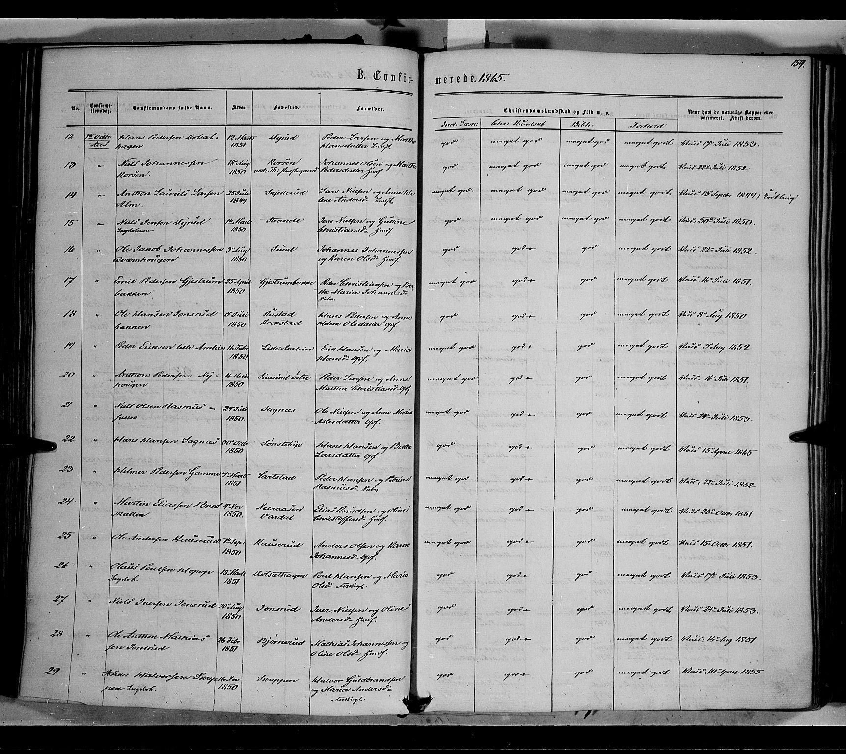 Vestre Toten prestekontor, SAH/PREST-108/H/Ha/Haa/L0007: Parish register (official) no. 7, 1862-1869, p. 159