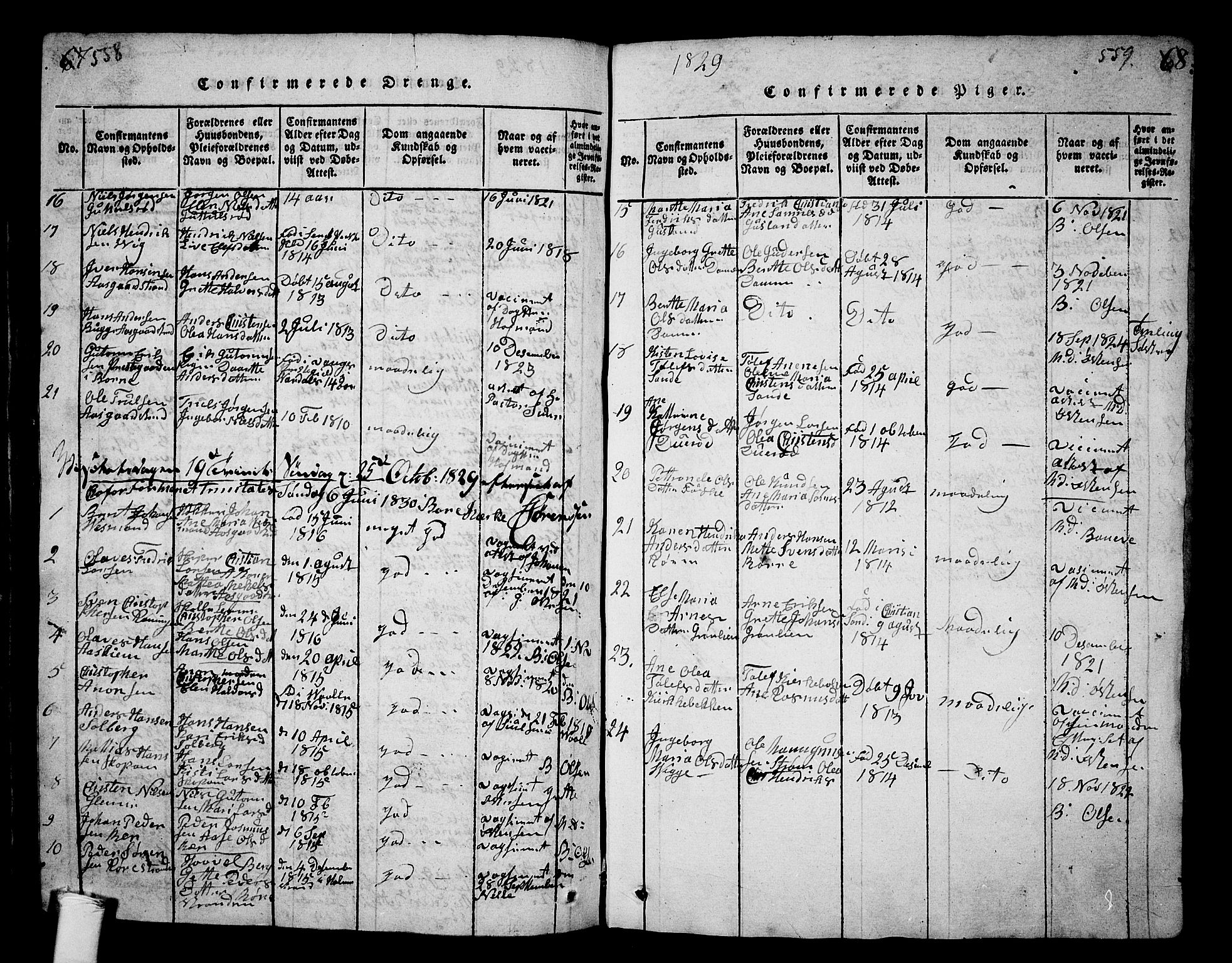 Borre kirkebøker, SAKO/A-338/G/Ga/L0001: Parish register (copy) no. I 1, 1815-1851, p. 558-559