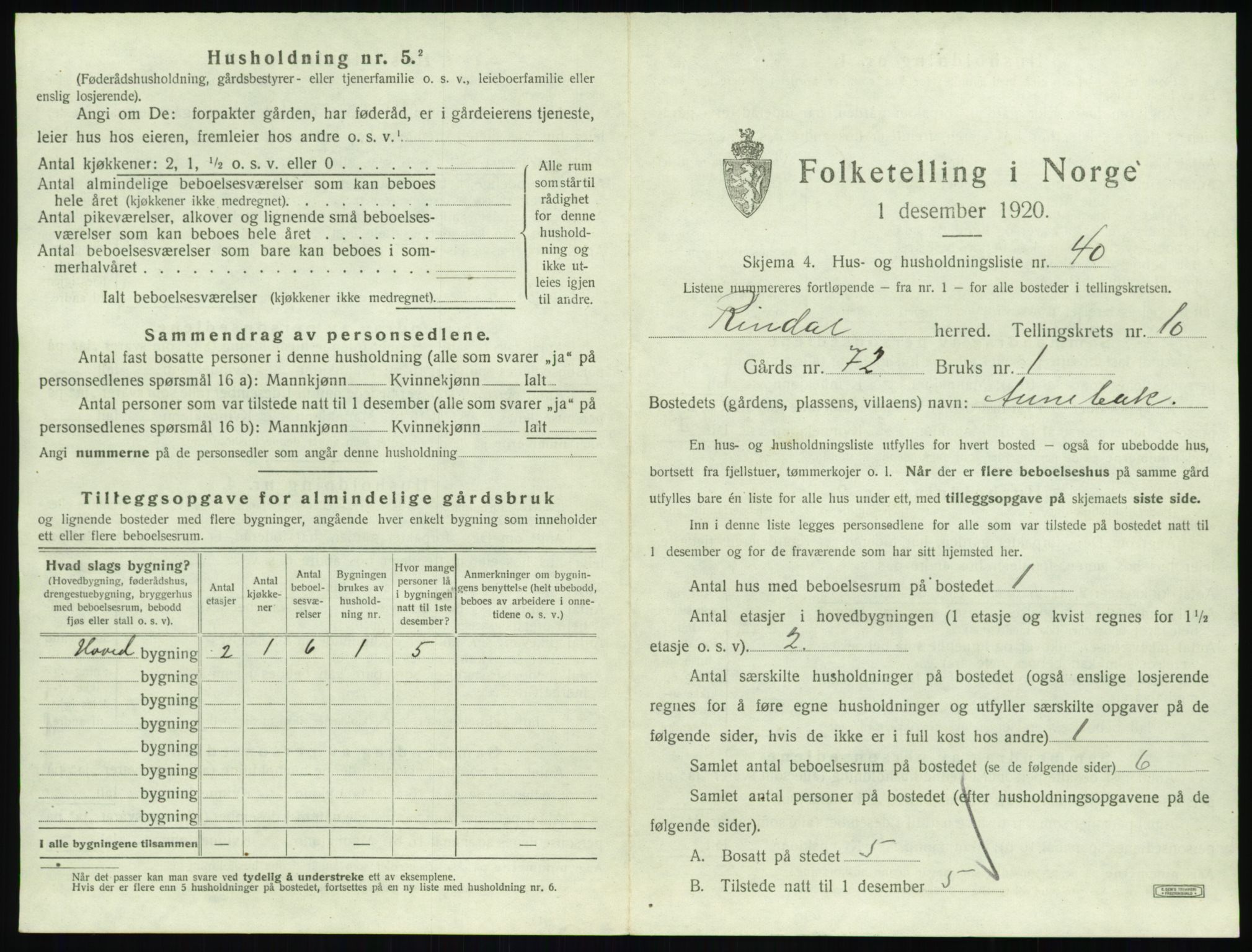 SAT, 1920 census for Rindal, 1920, p. 814