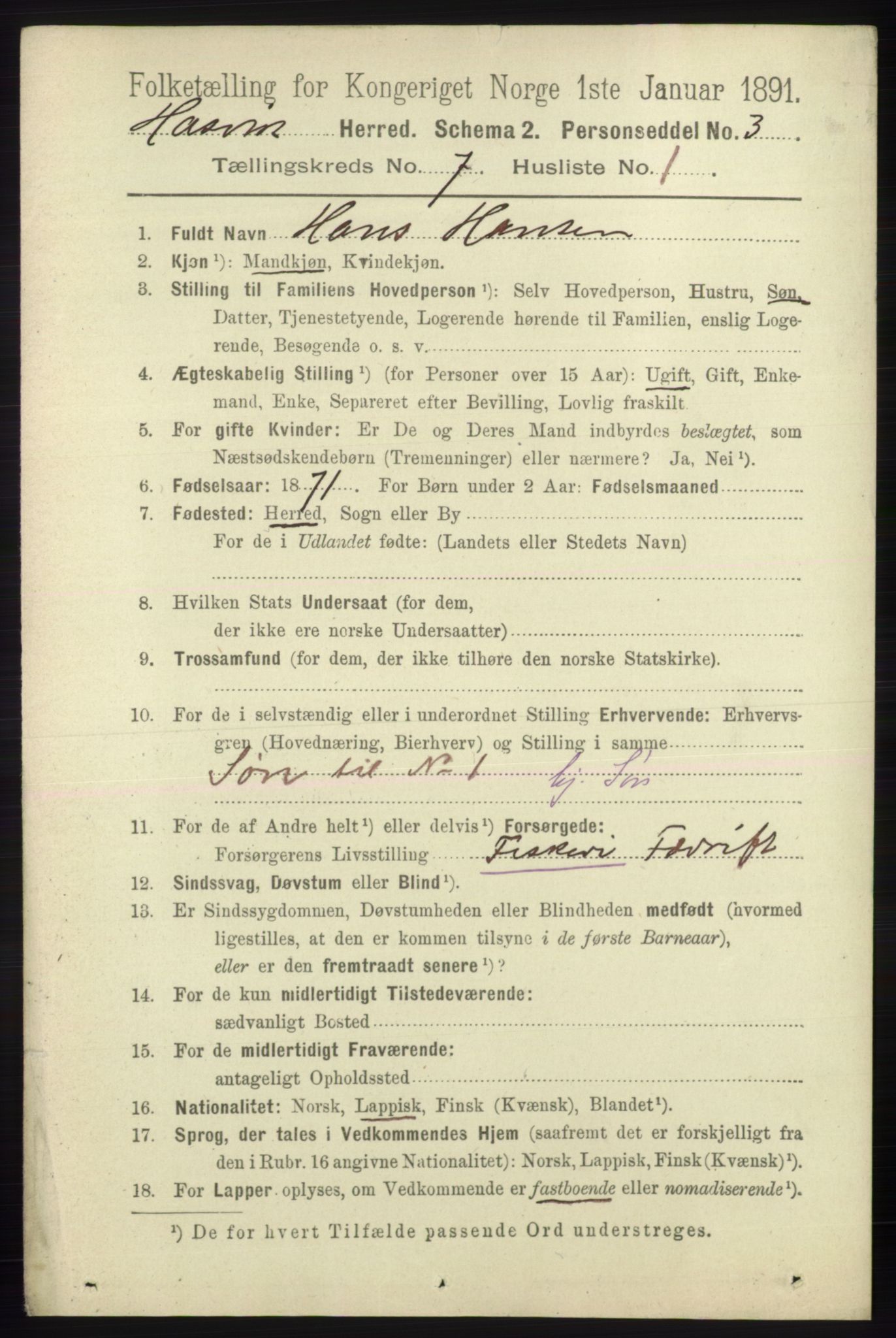 RA, 1891 census for 2015 Hasvik, 1891, p. 967