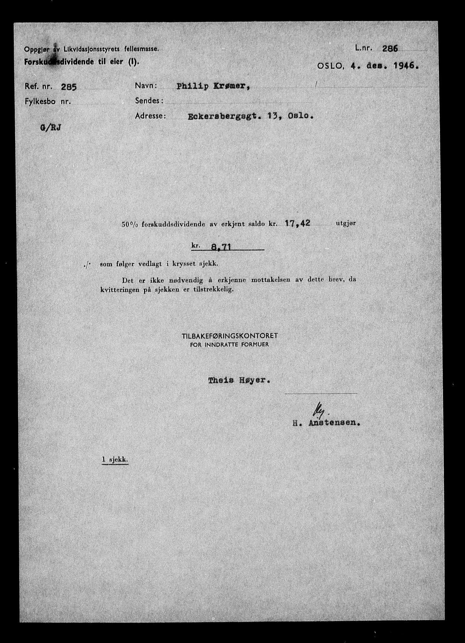 Justisdepartementet, Tilbakeføringskontoret for inndratte formuer, AV/RA-S-1564/H/Hc/Hcc/L0954: --, 1945-1947, p. 190