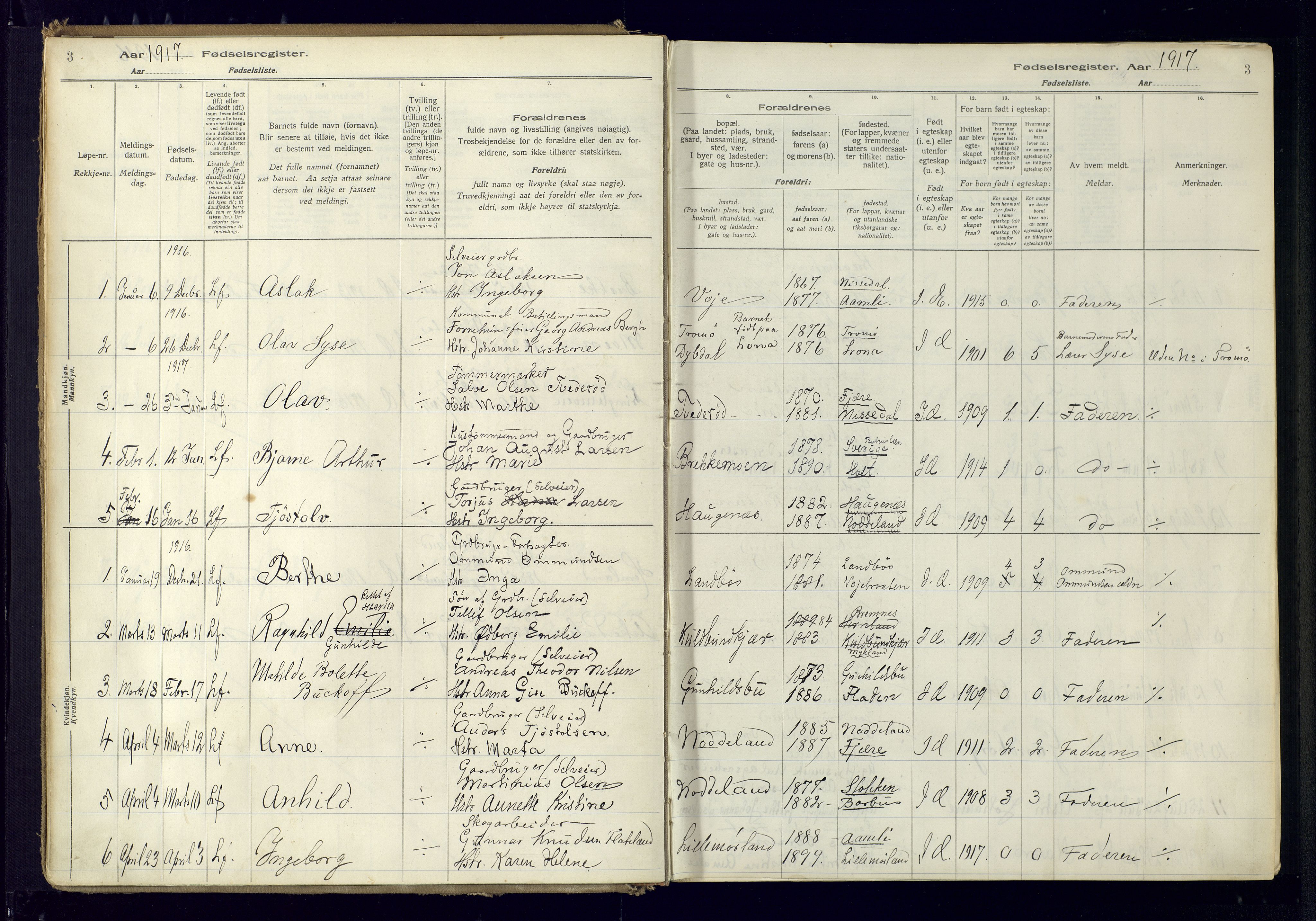 Austre Moland sokneprestkontor, SAK/1111-0001/J/Ja/L0001: Birth register no. A-VI-25, 1916-1975, p. 3