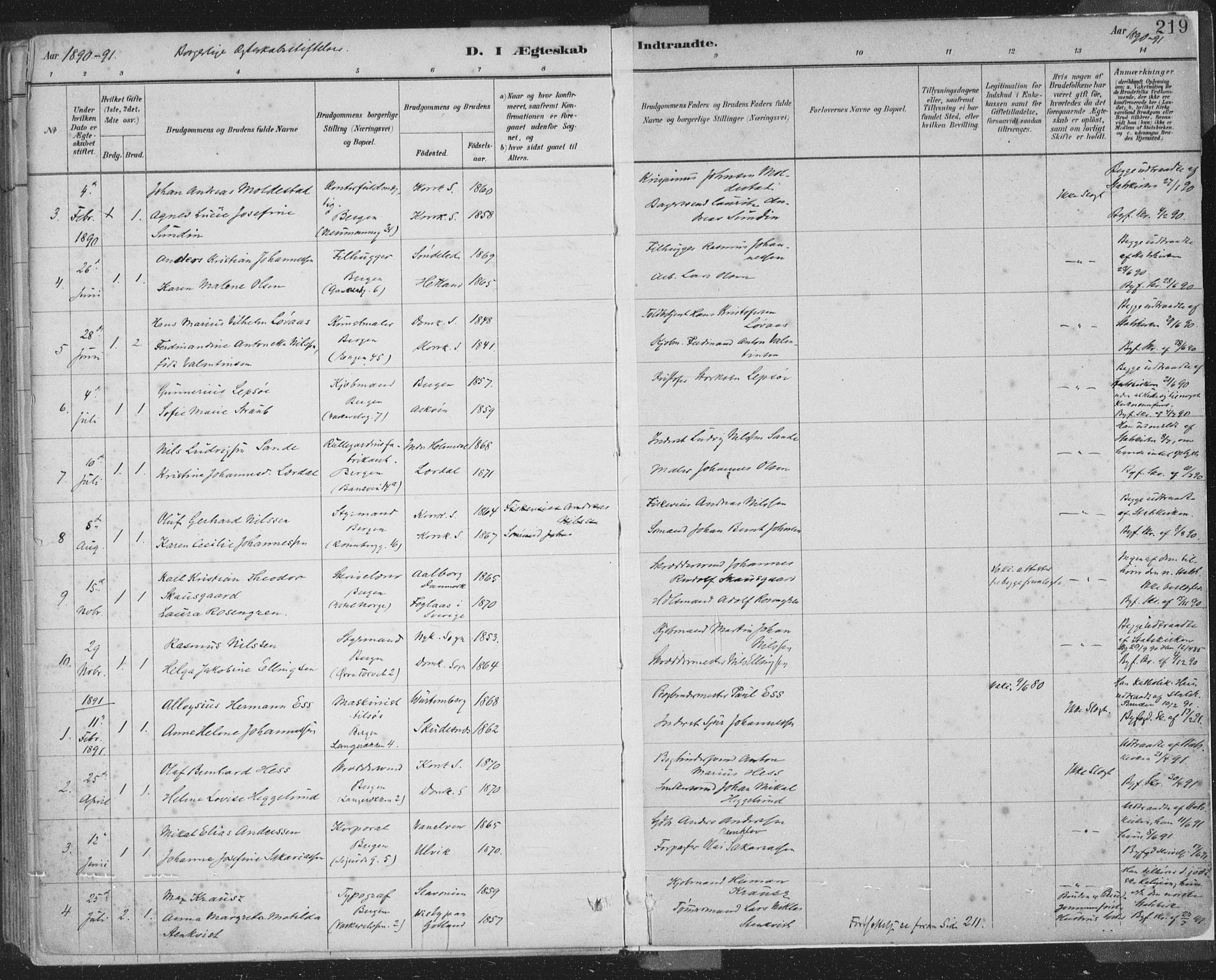 Domkirken sokneprestembete, SAB/A-74801/H/Hab/L0032: Parish register (copy) no. D 4, 1880-1907, p. 219