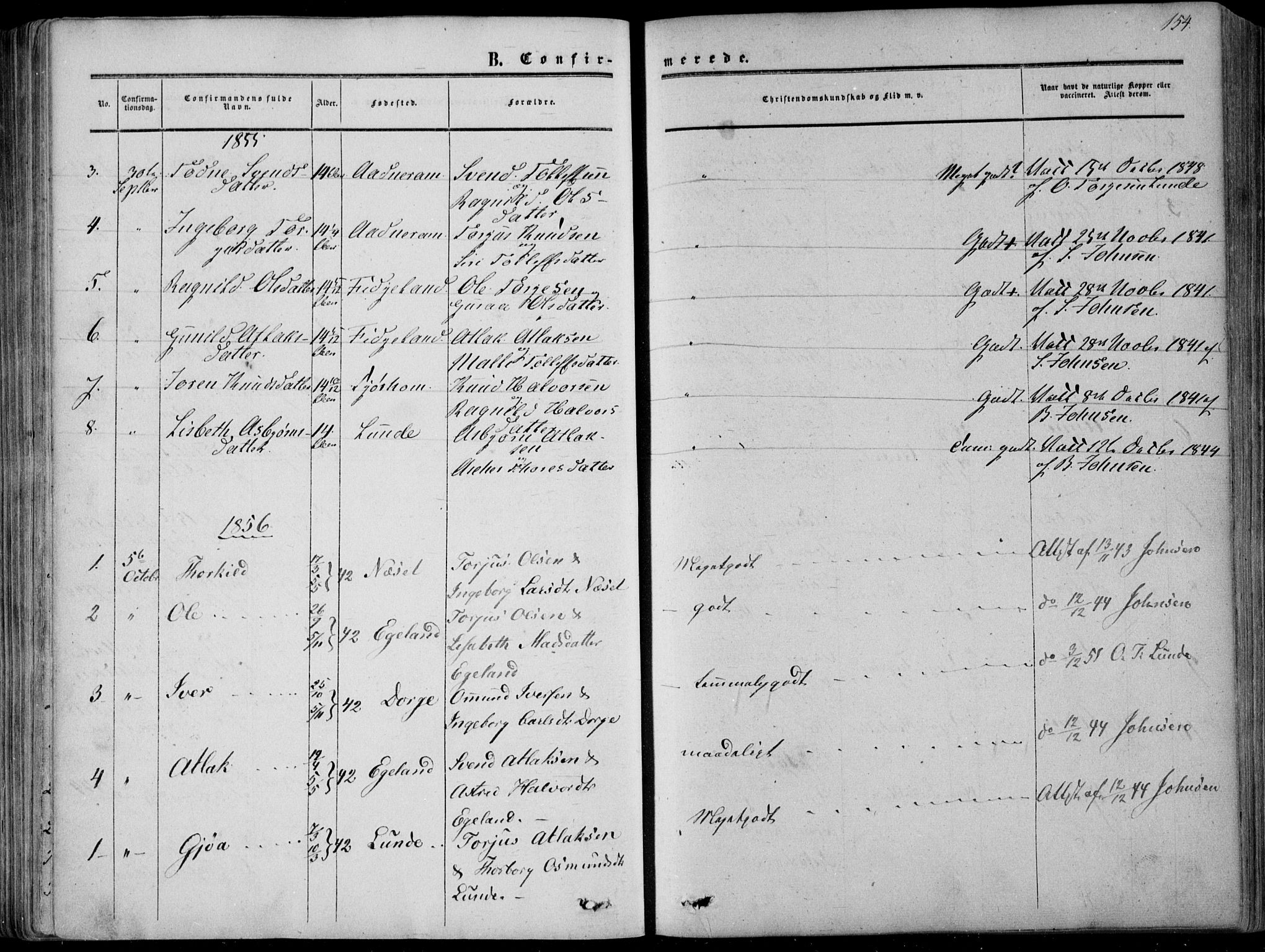 Sirdal sokneprestkontor, AV/SAK-1111-0036/F/Fa/Fab/L0002: Parish register (official) no. A 2, 1855-1874, p. 154