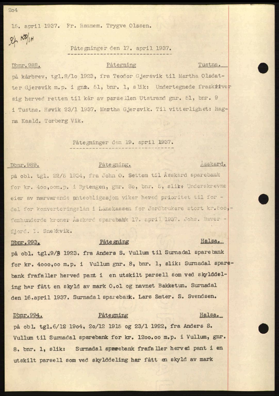 Nordmøre sorenskriveri, AV/SAT-A-4132/1/2/2Ca: Mortgage book no. C80, 1936-1939, Diary no: : 988/1937