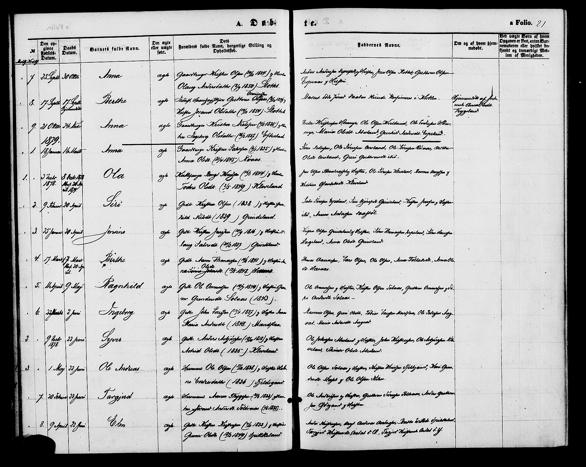 Bjelland sokneprestkontor, AV/SAK-1111-0005/F/Fa/Fab/L0003: Parish register (official) no. A 3, 1870-1887, p. 21