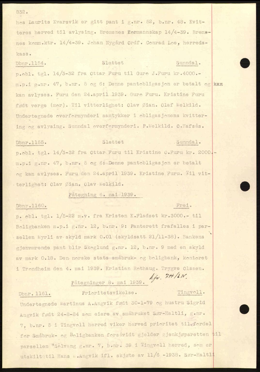 Nordmøre sorenskriveri, AV/SAT-A-4132/1/2/2Ca: Mortgage book no. C80, 1936-1939, Diary no: : 1154/1939