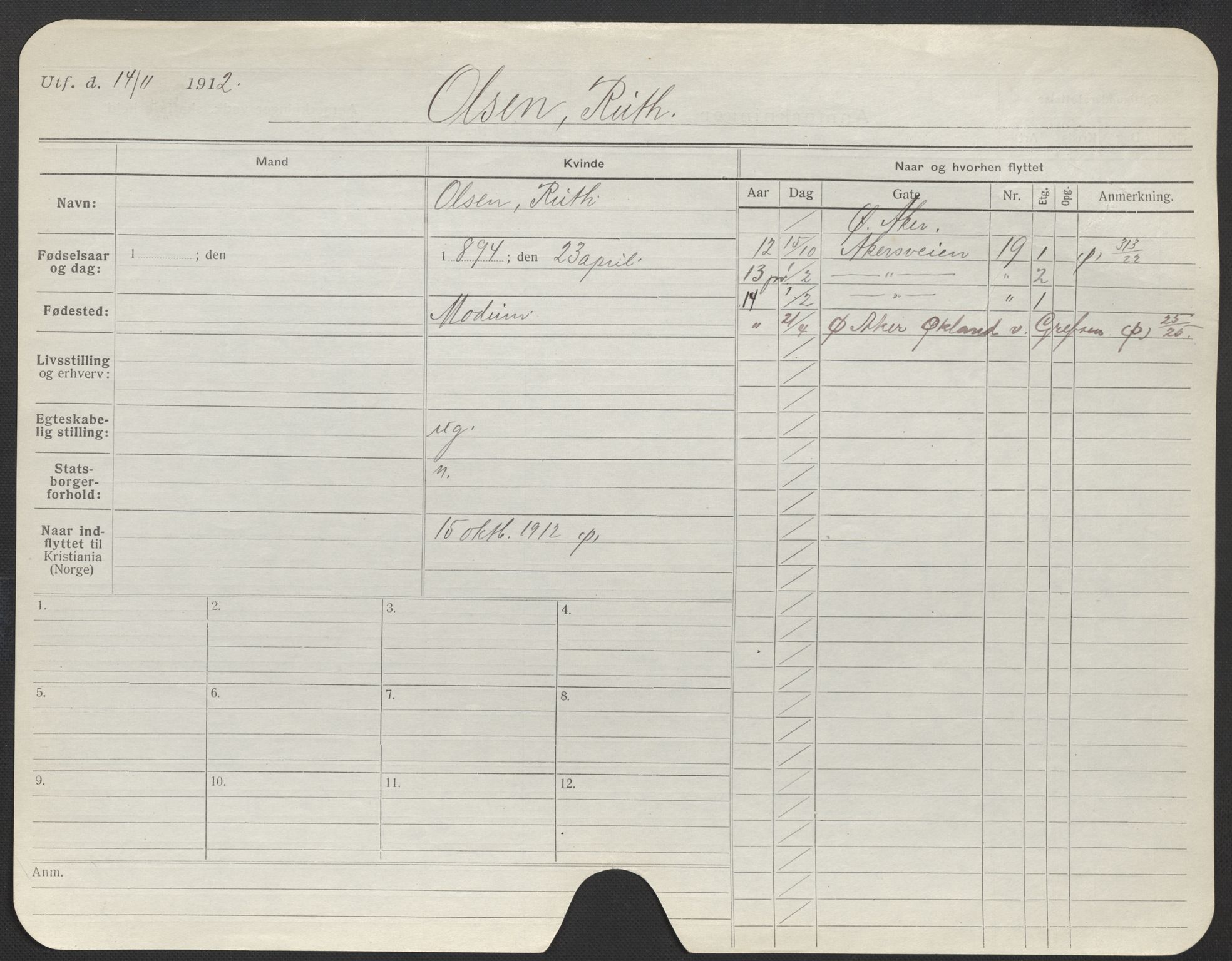 Oslo folkeregister, Registerkort, AV/SAO-A-11715/F/Fa/Fac/L0022: Kvinner, 1906-1914, p. 329a