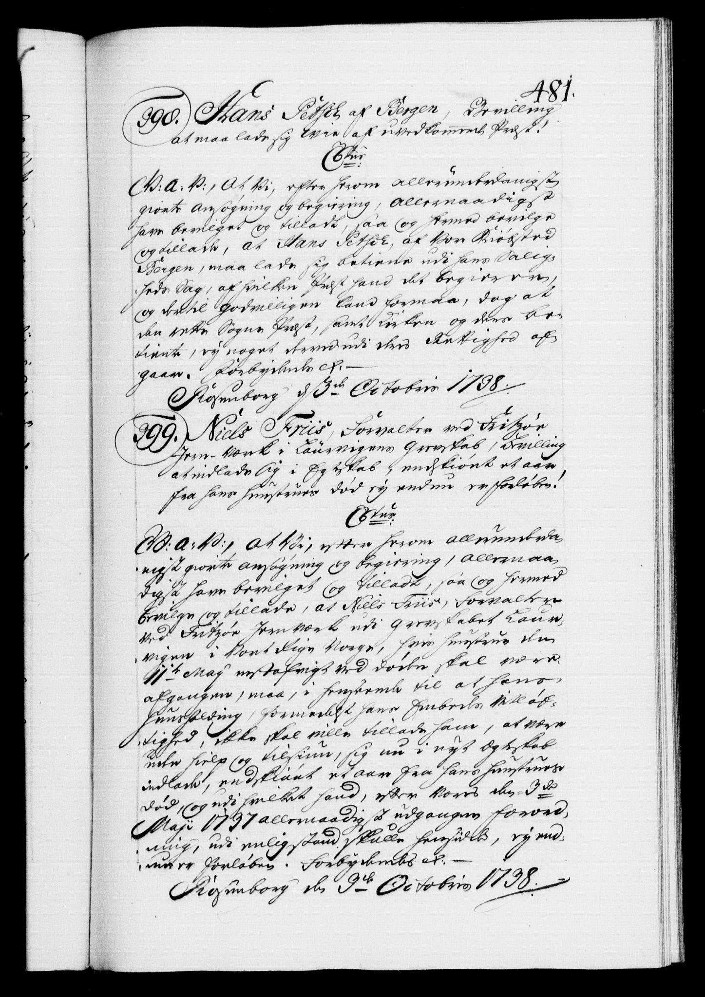 Danske Kanselli 1572-1799, RA/EA-3023/F/Fc/Fca/Fcaa/L0030: Norske registre, 1737-1738, p. 481a
