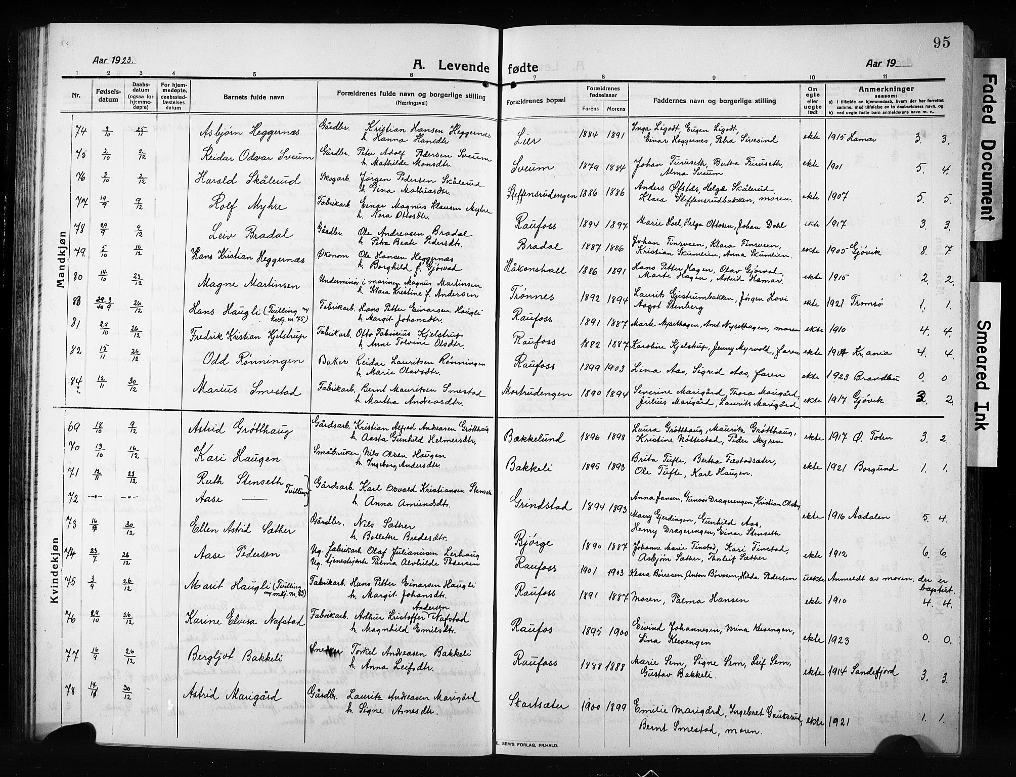 Vestre Toten prestekontor, AV/SAH-PREST-108/H/Ha/Hab/L0012: Parish register (copy) no. 12, 1909-1928, p. 95