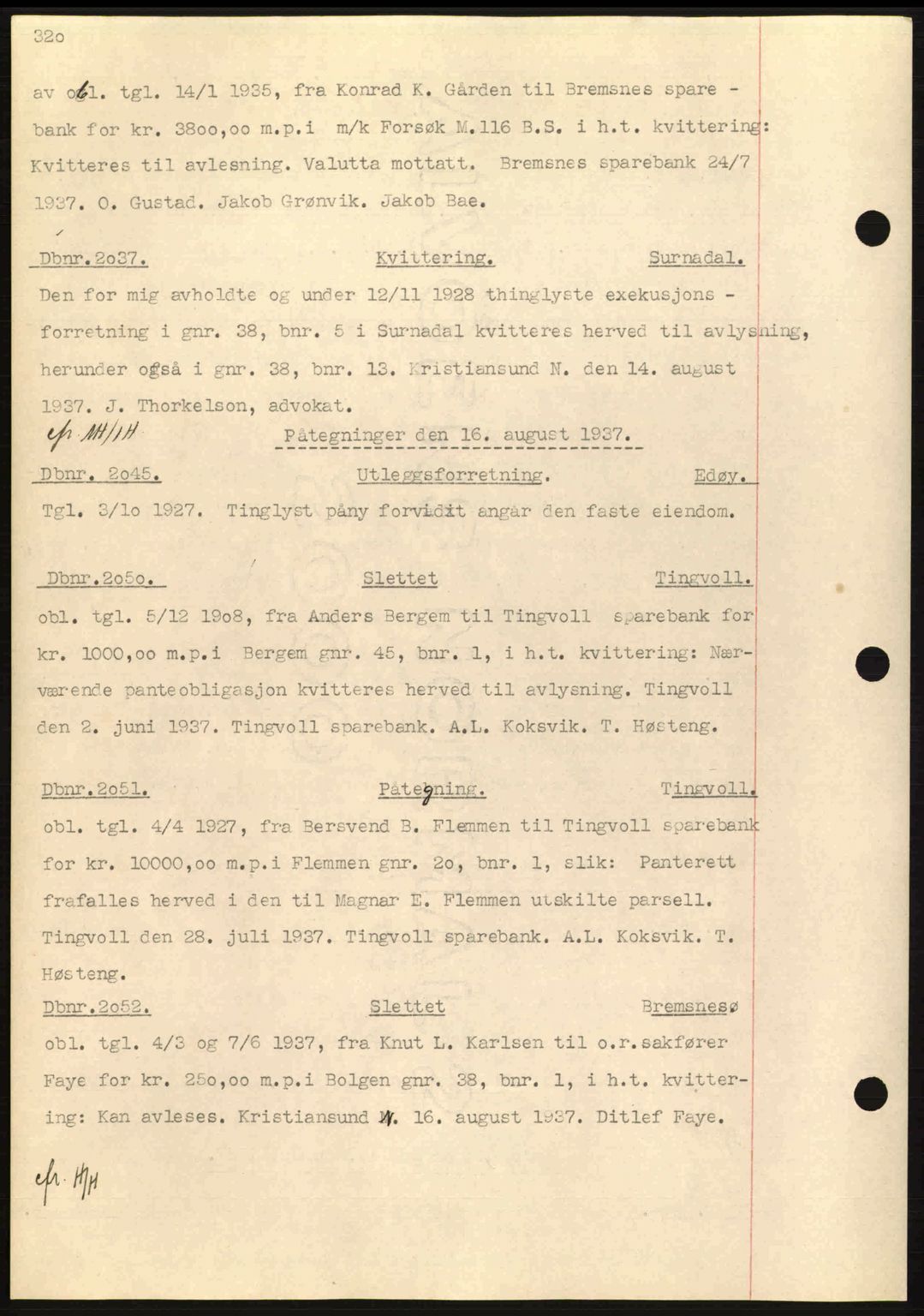 Nordmøre sorenskriveri, AV/SAT-A-4132/1/2/2Ca: Mortgage book no. C80, 1936-1939, Diary no: : 2037/1937