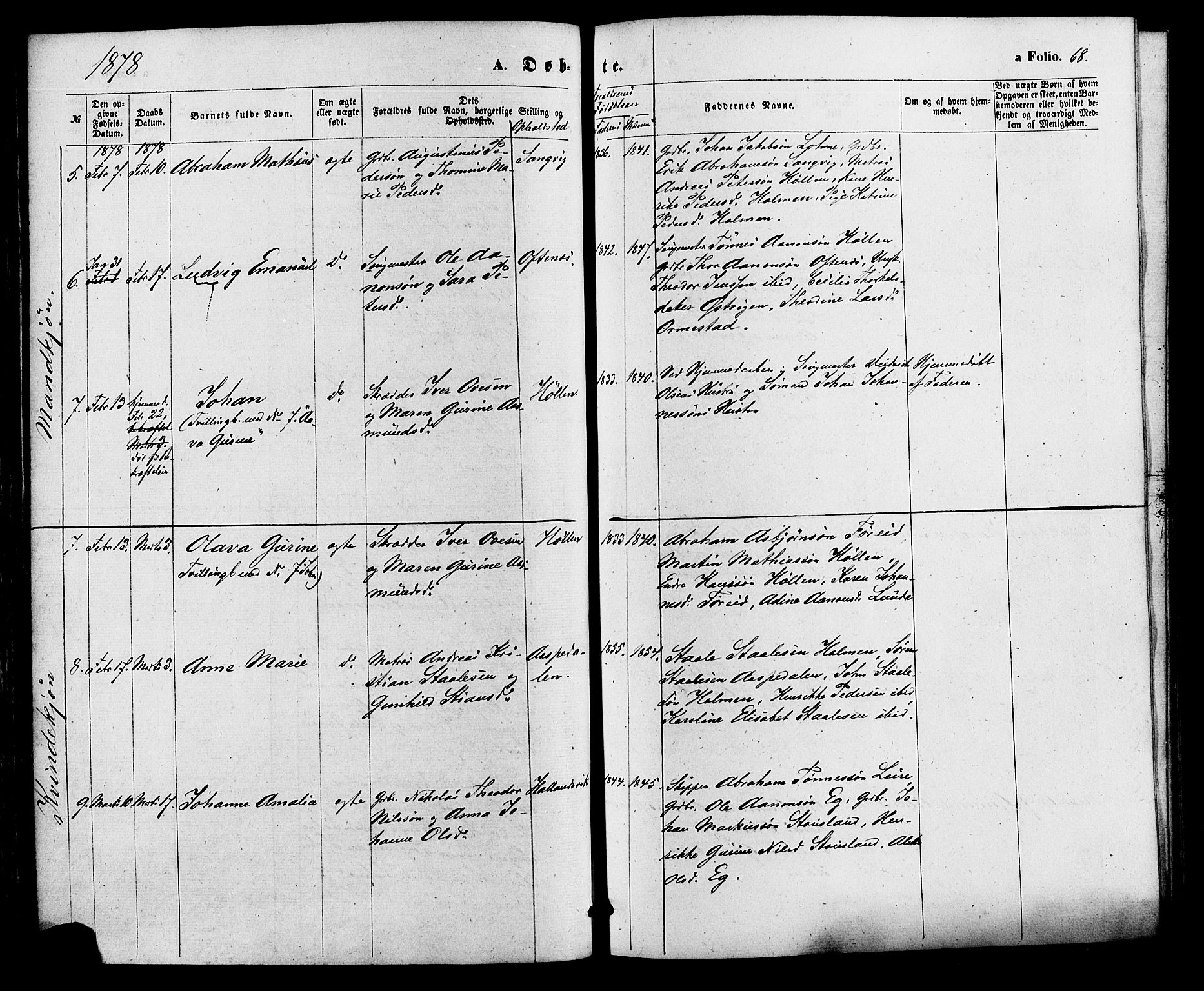 Søgne sokneprestkontor, SAK/1111-0037/F/Fa/Fab/L0011: Parish register (official) no. A 11, 1869-1879, p. 68
