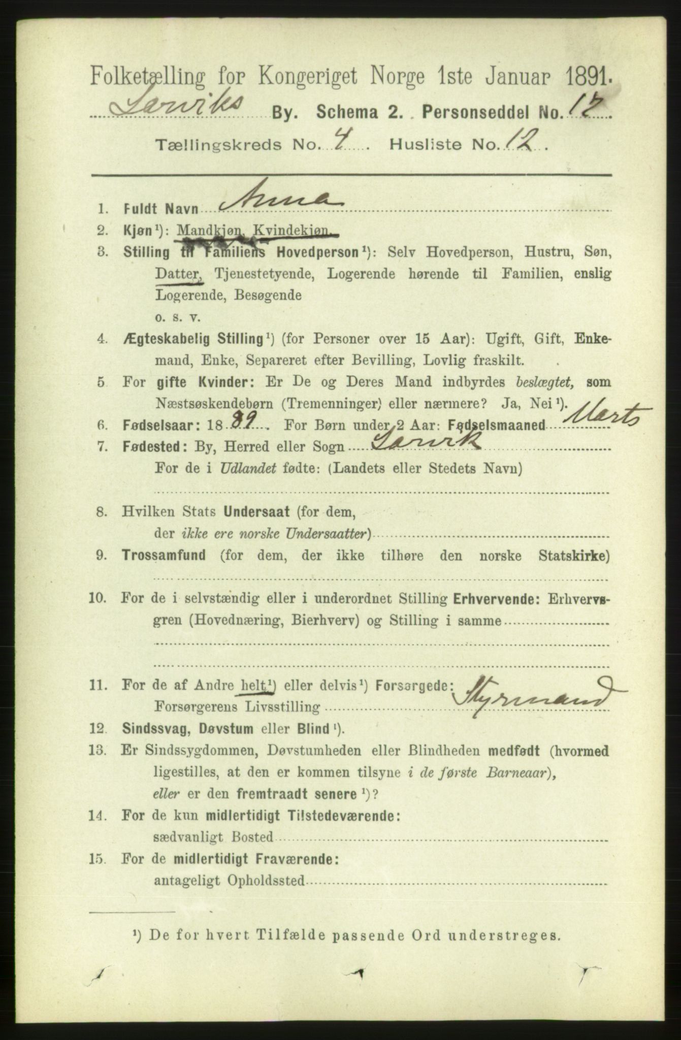 RA, 1891 census for 0707 Larvik, 1891, p. 5234