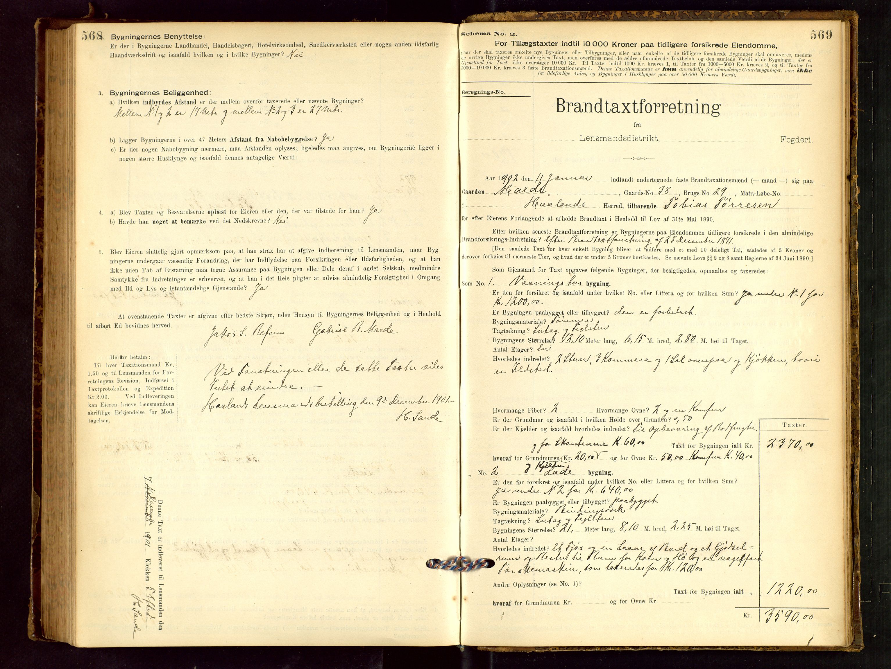 Håland lensmannskontor, SAST/A-100100/Gob/L0001: Branntakstprotokoll - skjematakst. Register i boken., 1894-1902, p. 568-569