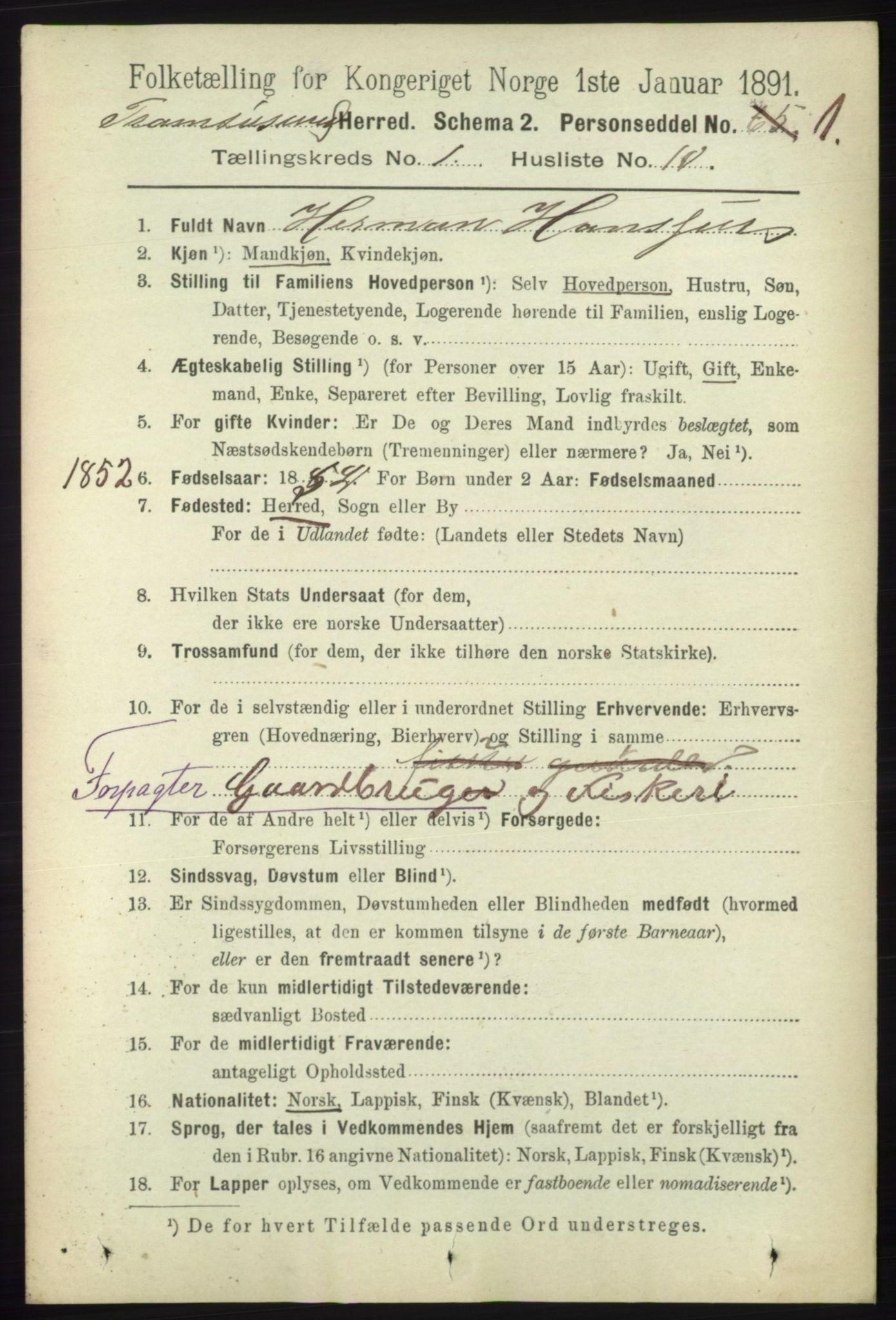 RA, 1891 census for 1934 Tromsøysund, 1891, p. 148