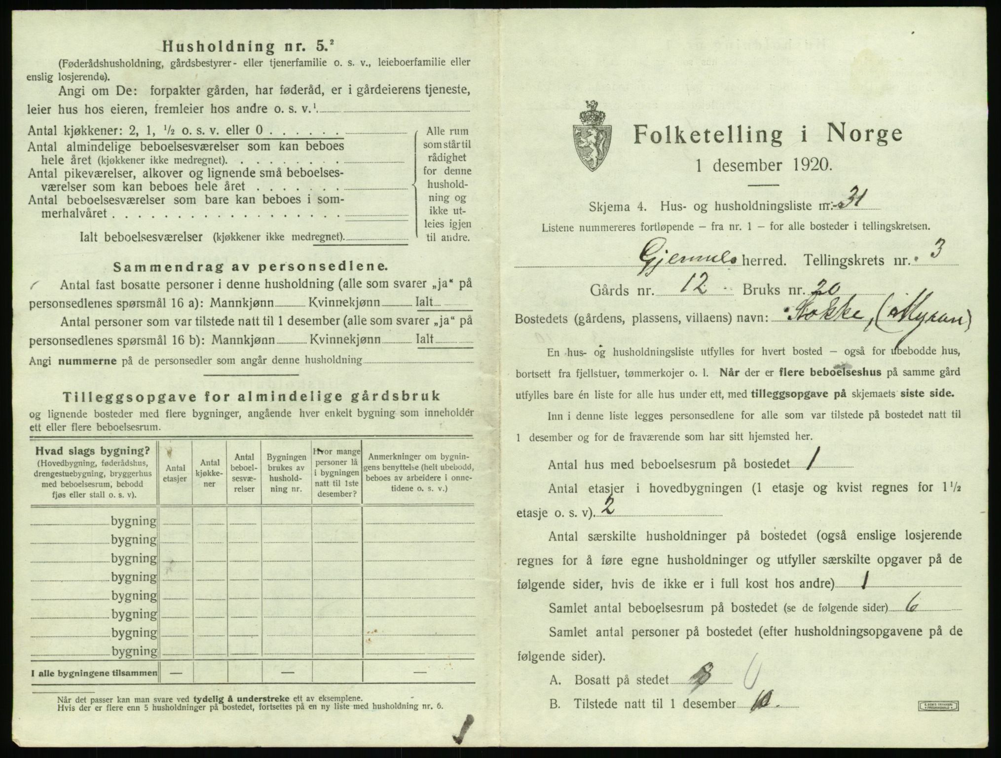 SAT, 1920 census for Gjemnes, 1920, p. 254