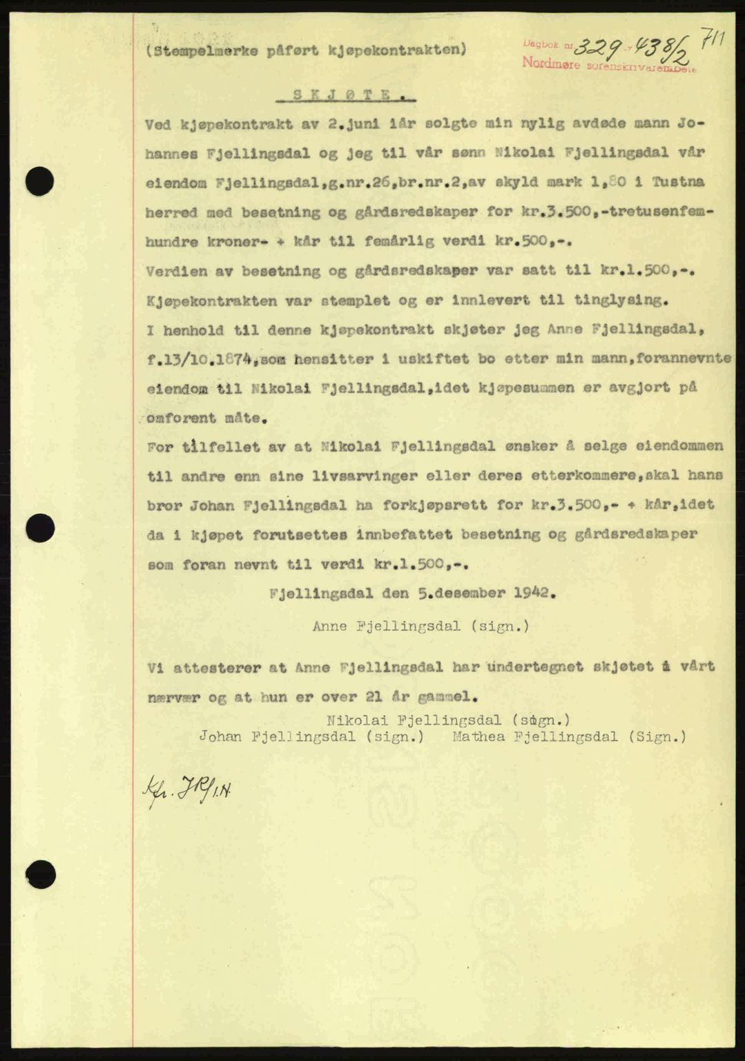 Nordmøre sorenskriveri, AV/SAT-A-4132/1/2/2Ca: Mortgage book no. A94, 1942-1943, Diary no: : 329/1943