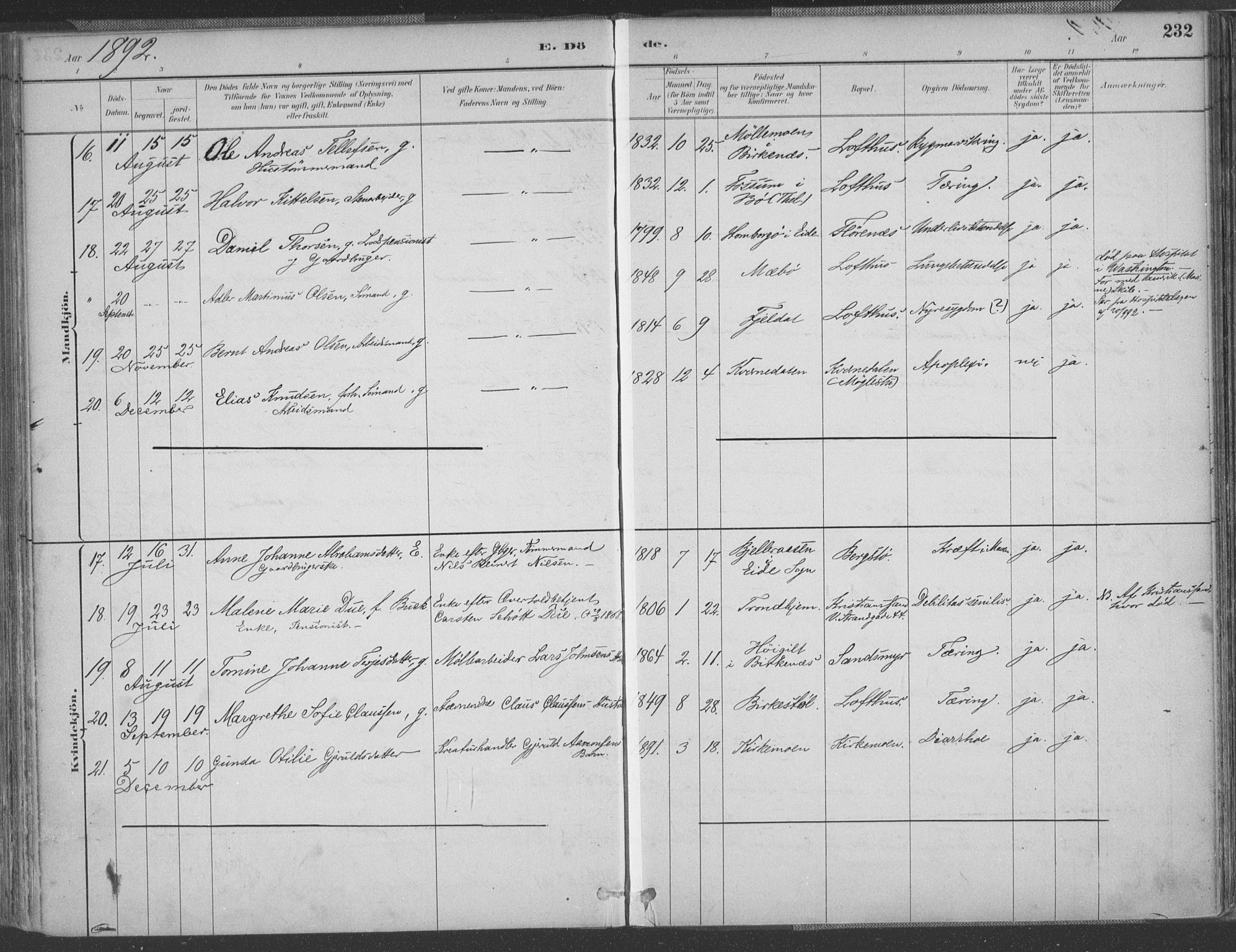 Vestre Moland sokneprestkontor, AV/SAK-1111-0046/F/Fa/Fab/L0009: Parish register (official) no. A 9, 1884-1899, p. 232