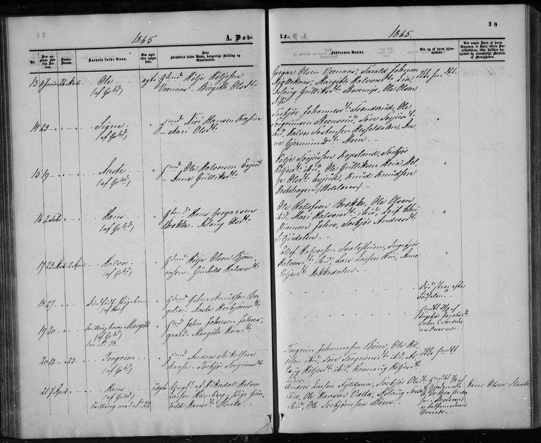 Gransherad kirkebøker, AV/SAKO-A-267/F/Fa/L0003: Parish register (official) no. I 3, 1859-1870, p. 39