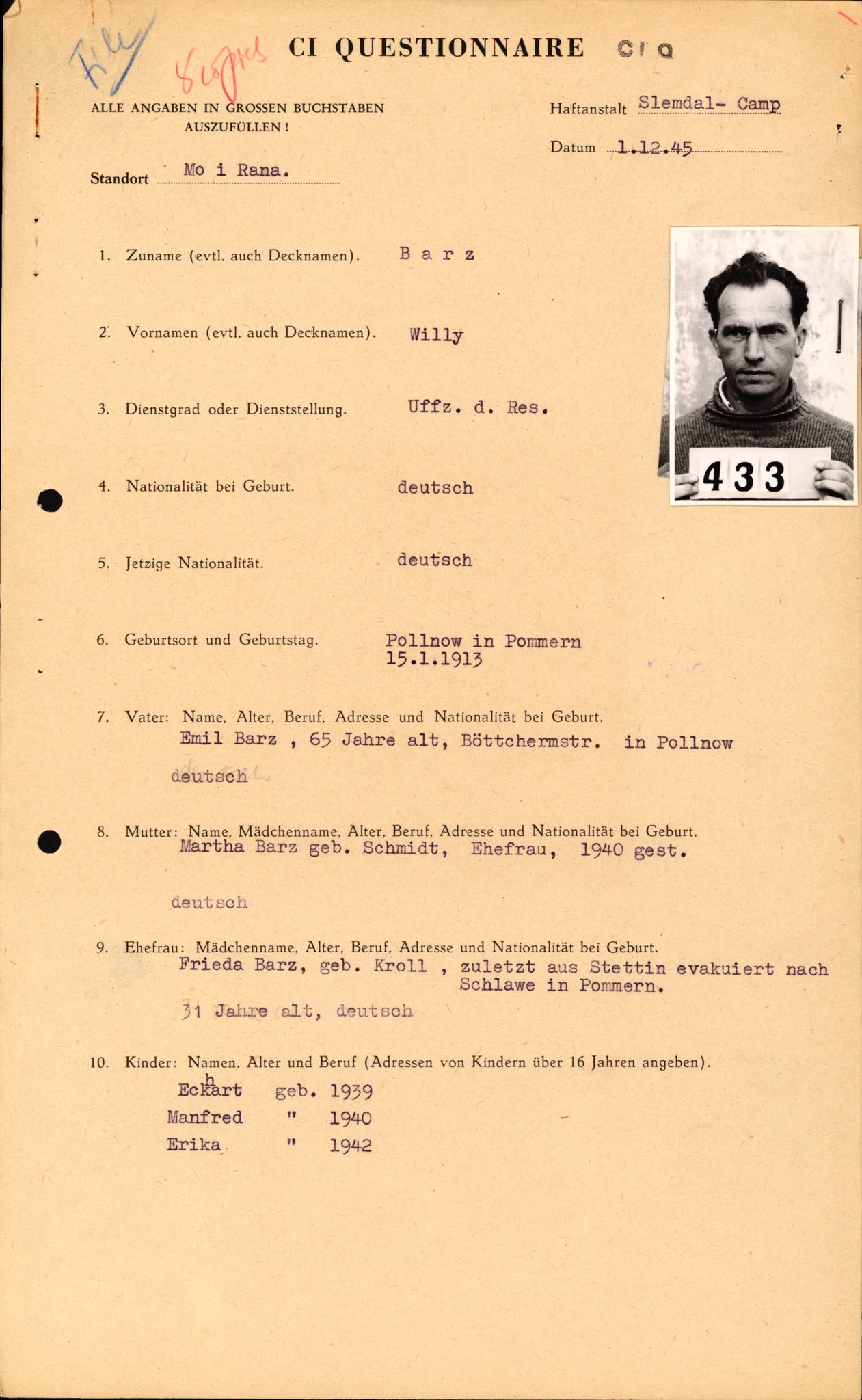 Forsvaret, Forsvarets overkommando II, AV/RA-RAFA-3915/D/Db/L0002: CI Questionaires. Tyske okkupasjonsstyrker i Norge. Tyskere., 1945-1946, p. 204