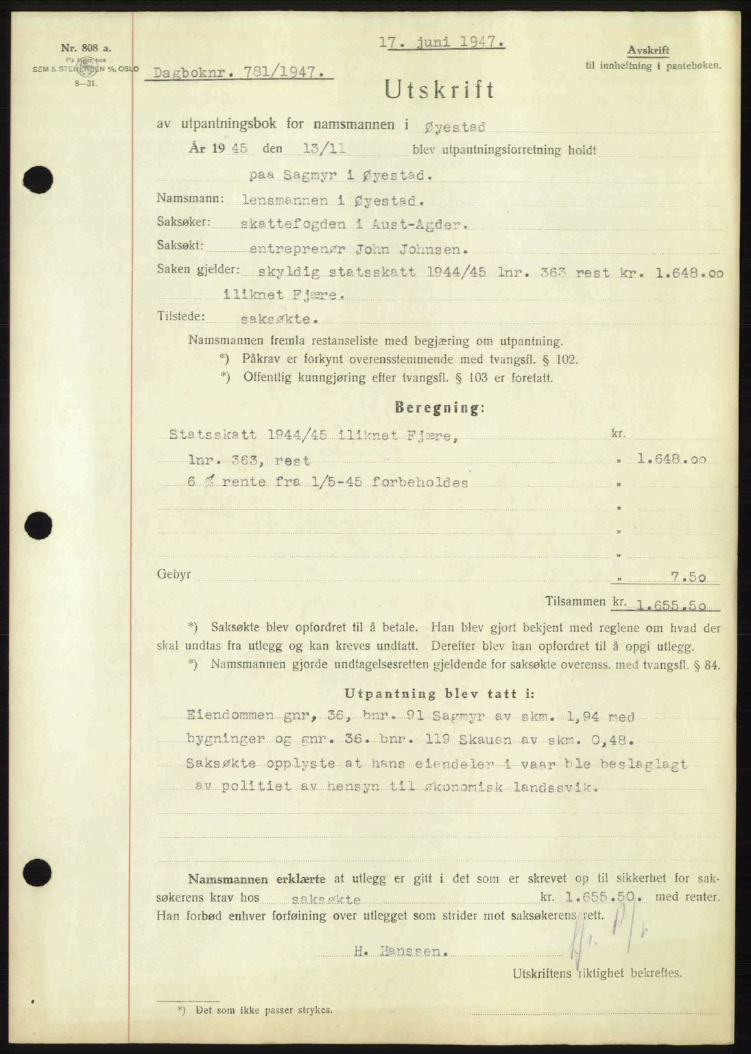 Nedenes sorenskriveri, SAK/1221-0006/G/Gb/Gba/L0057: Mortgage book no. A9, 1947-1947, Diary no: : 781/1947