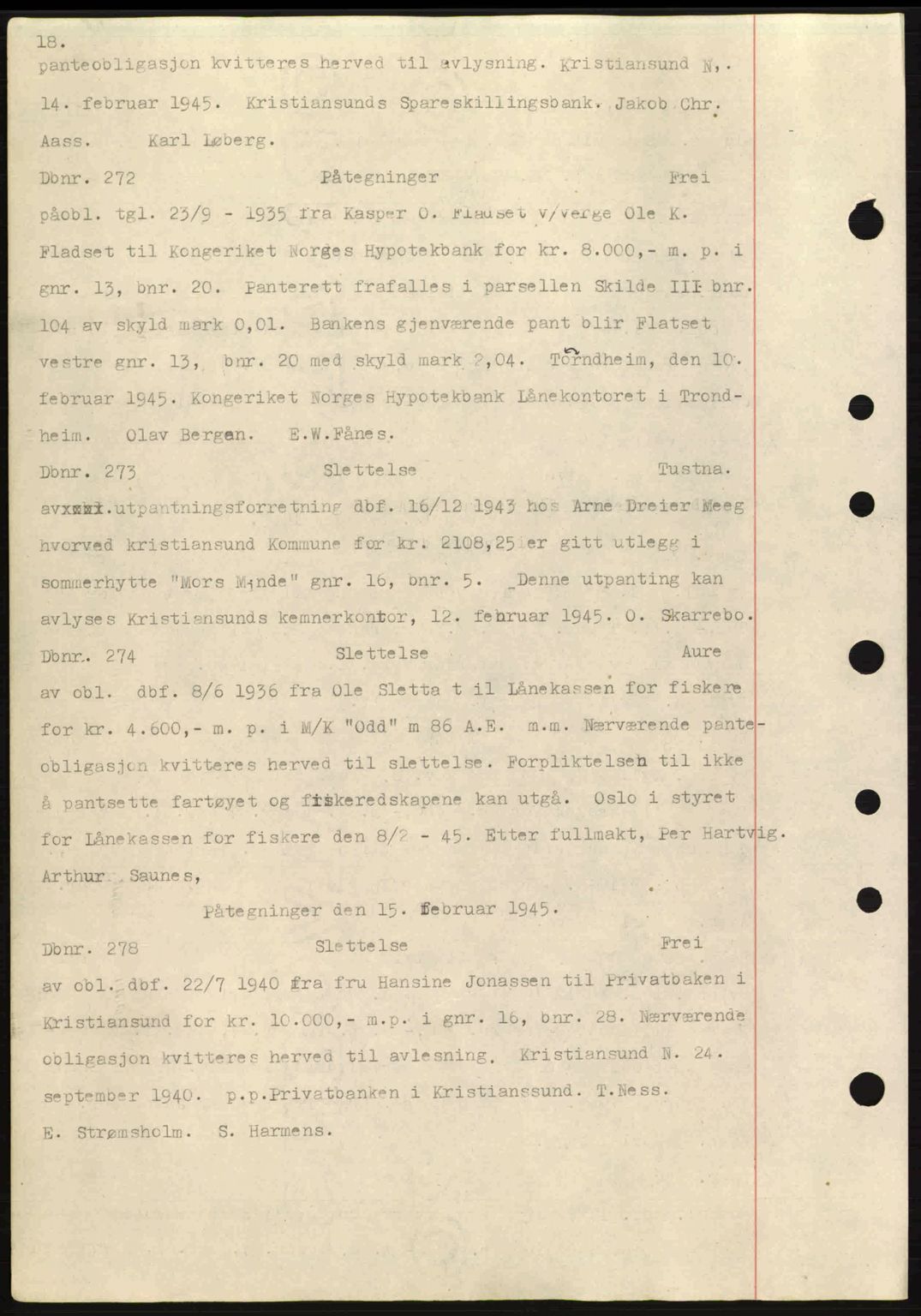 Nordmøre sorenskriveri, AV/SAT-A-4132/1/2/2Ca: Mortgage book no. C82a, 1945-1946, Diary no: : 272/1945