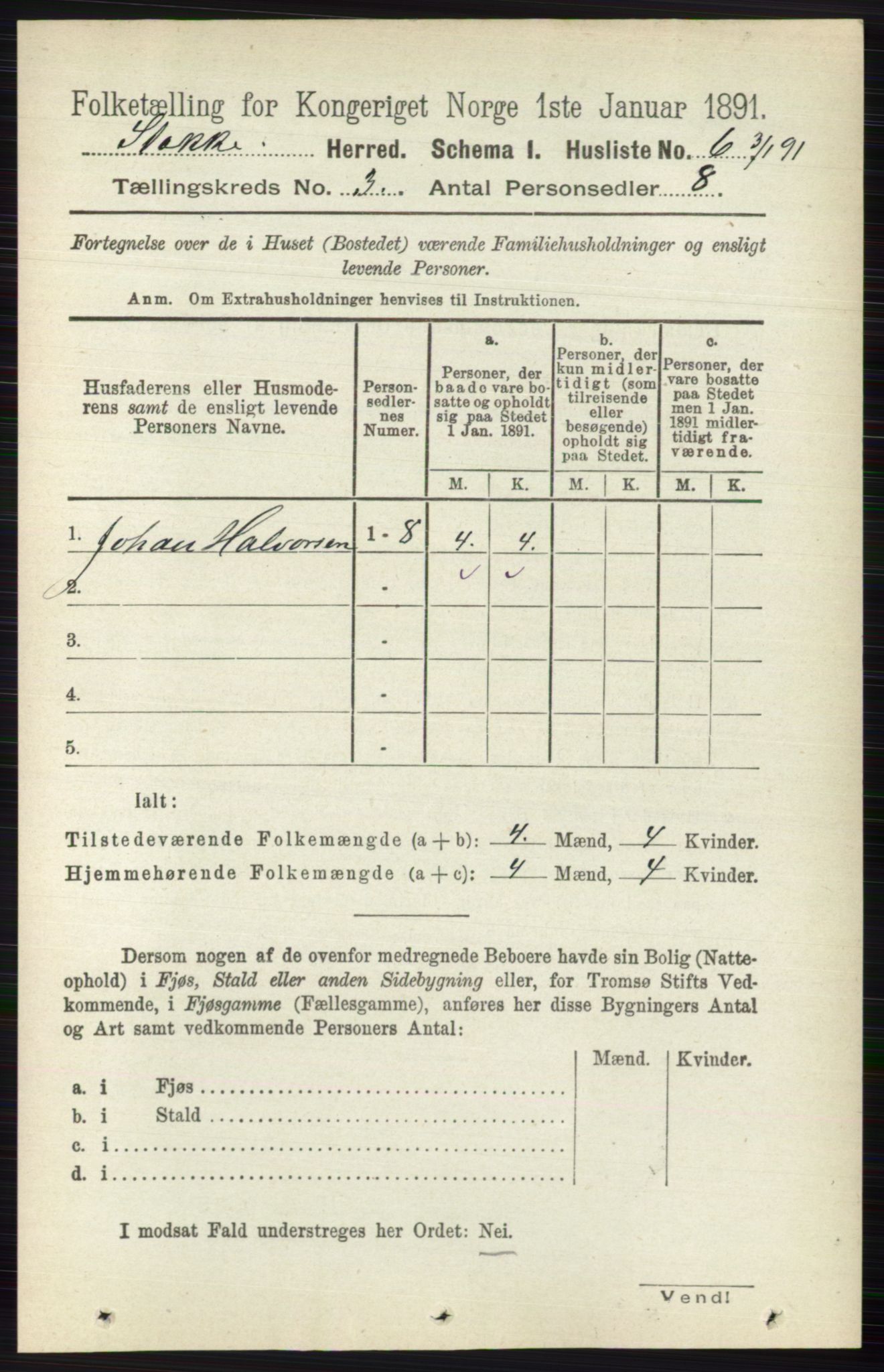 RA, 1891 census for 0720 Stokke, 1891, p. 1441