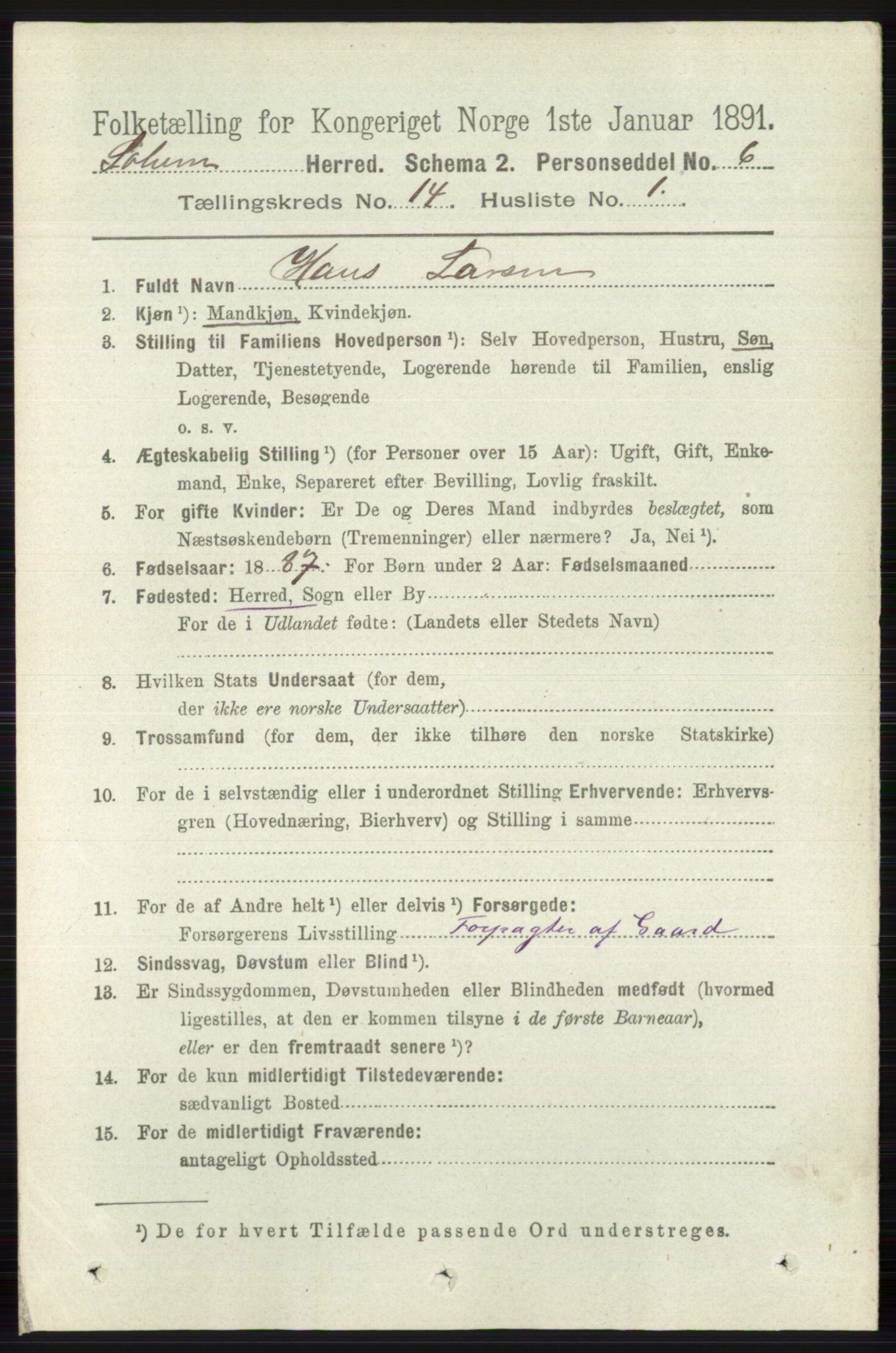 RA, 1891 census for 0818 Solum, 1891, p. 6366