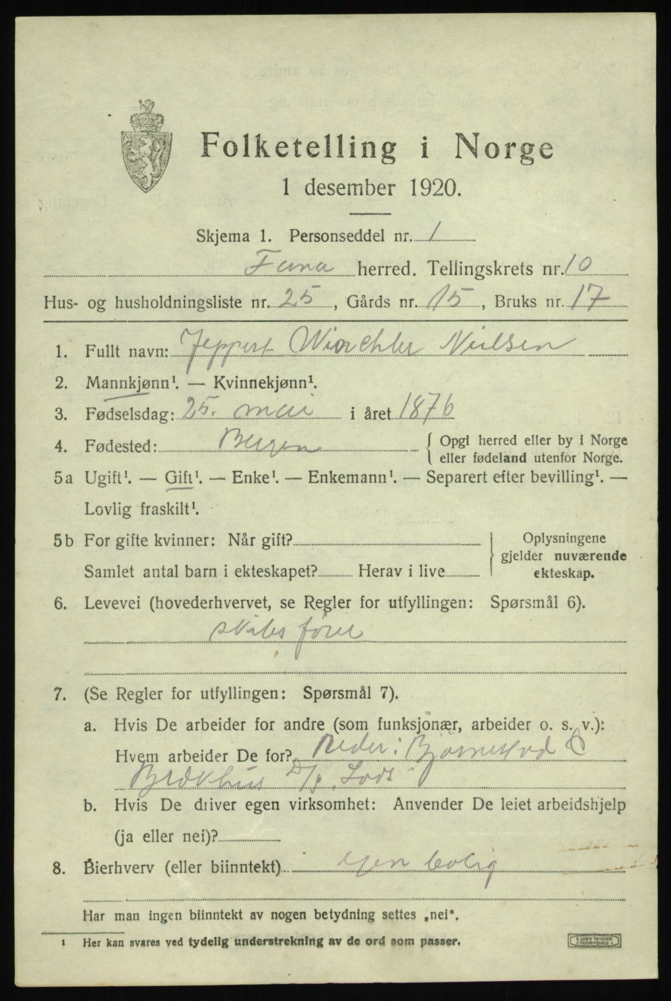 SAB, 1920 census for Fana, 1920, p. 16999