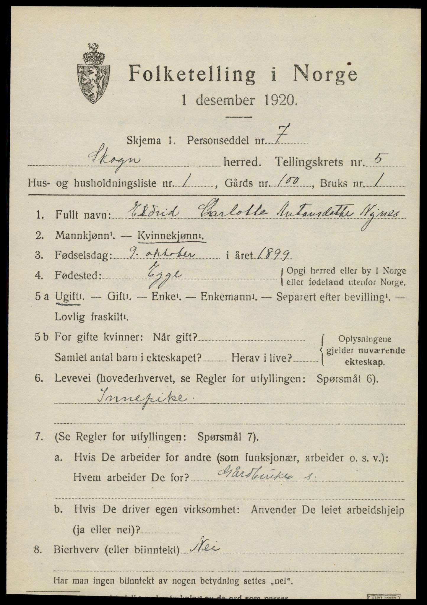 SAT, 1920 census for Skogn, 1920, p. 6497