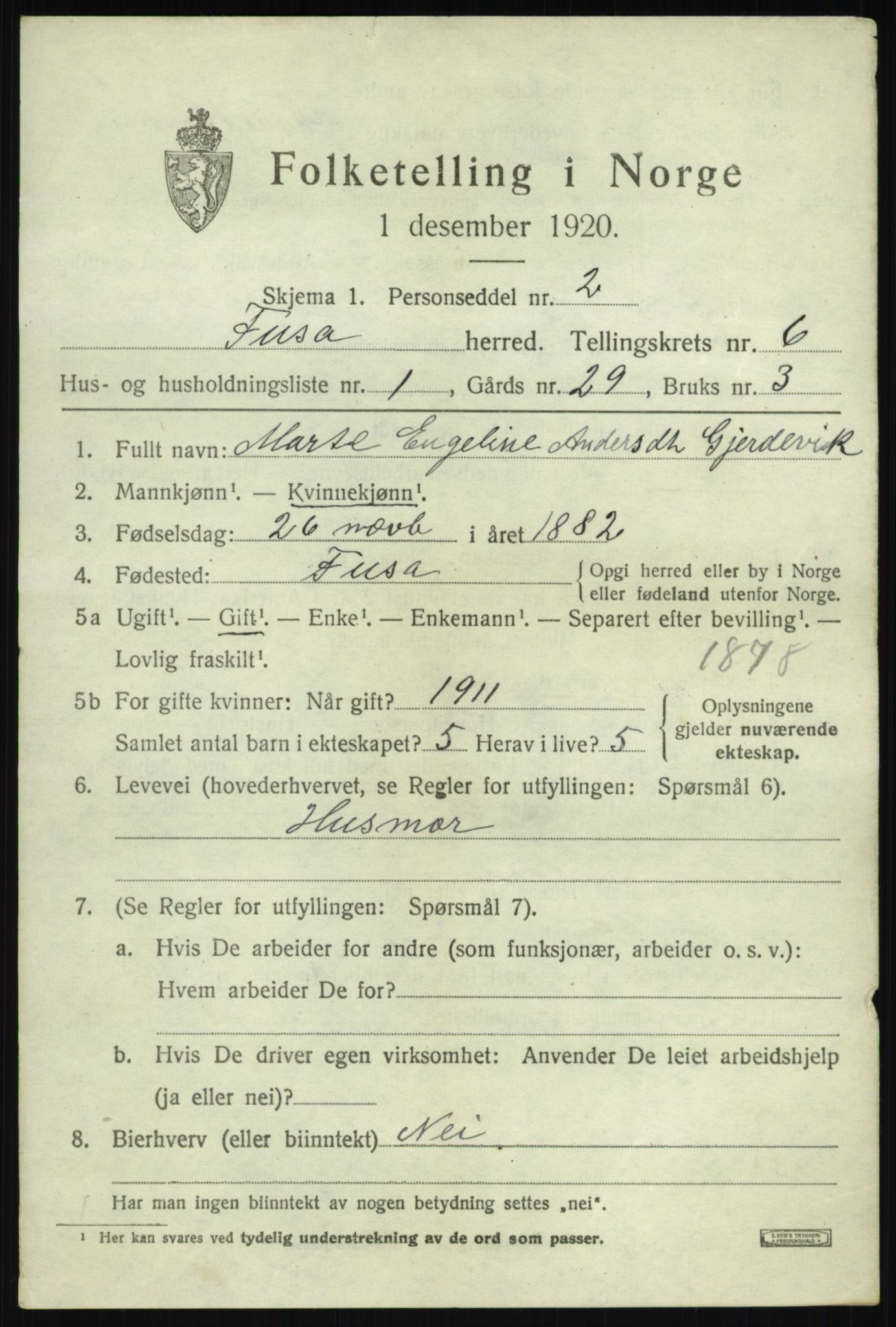 SAB, 1920 census for Fusa, 1920, p. 2461