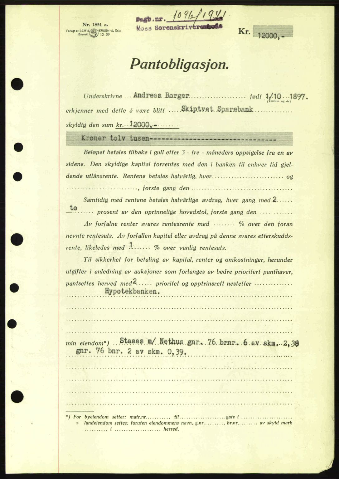 Moss sorenskriveri, SAO/A-10168: Mortgage book no. B10, 1940-1941, Diary no: : 1096/1941