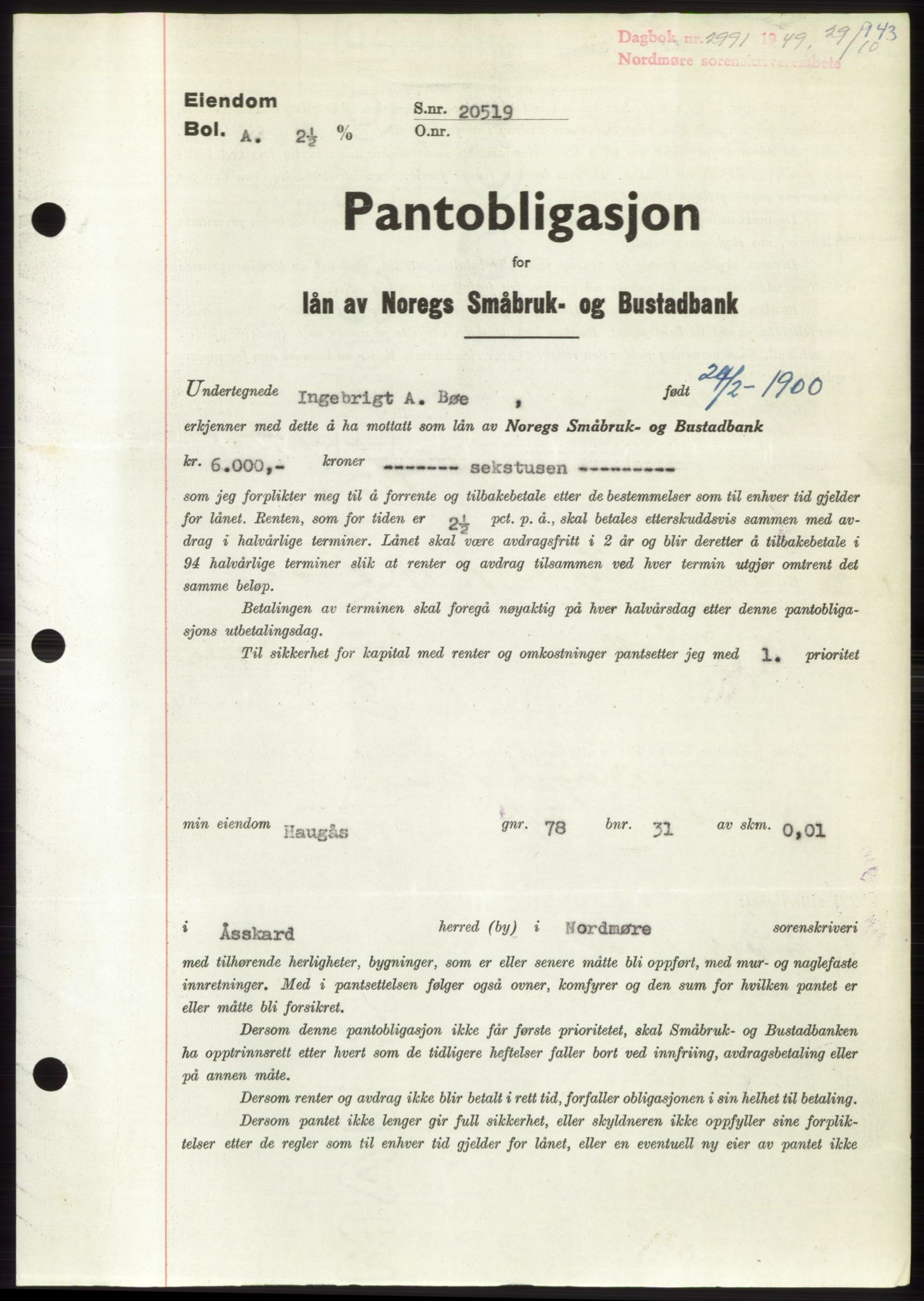 Nordmøre sorenskriveri, AV/SAT-A-4132/1/2/2Ca: Mortgage book no. B102, 1949-1949, Diary no: : 2991/1949