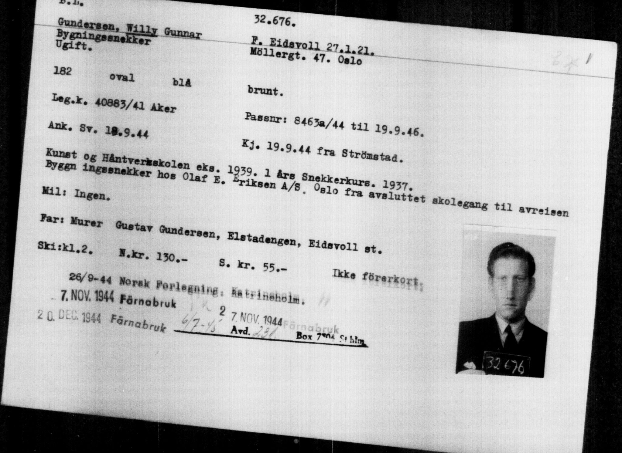 Utenriksstasjonene, Legasjonen i Stockholm, Flyktningkontoret, AV/RA-S-6753/V/Va/L0013: Kjesäterkartoteket, flyktninger med registreringsnr. 31500-34731, 1940-1945, p. 1239
