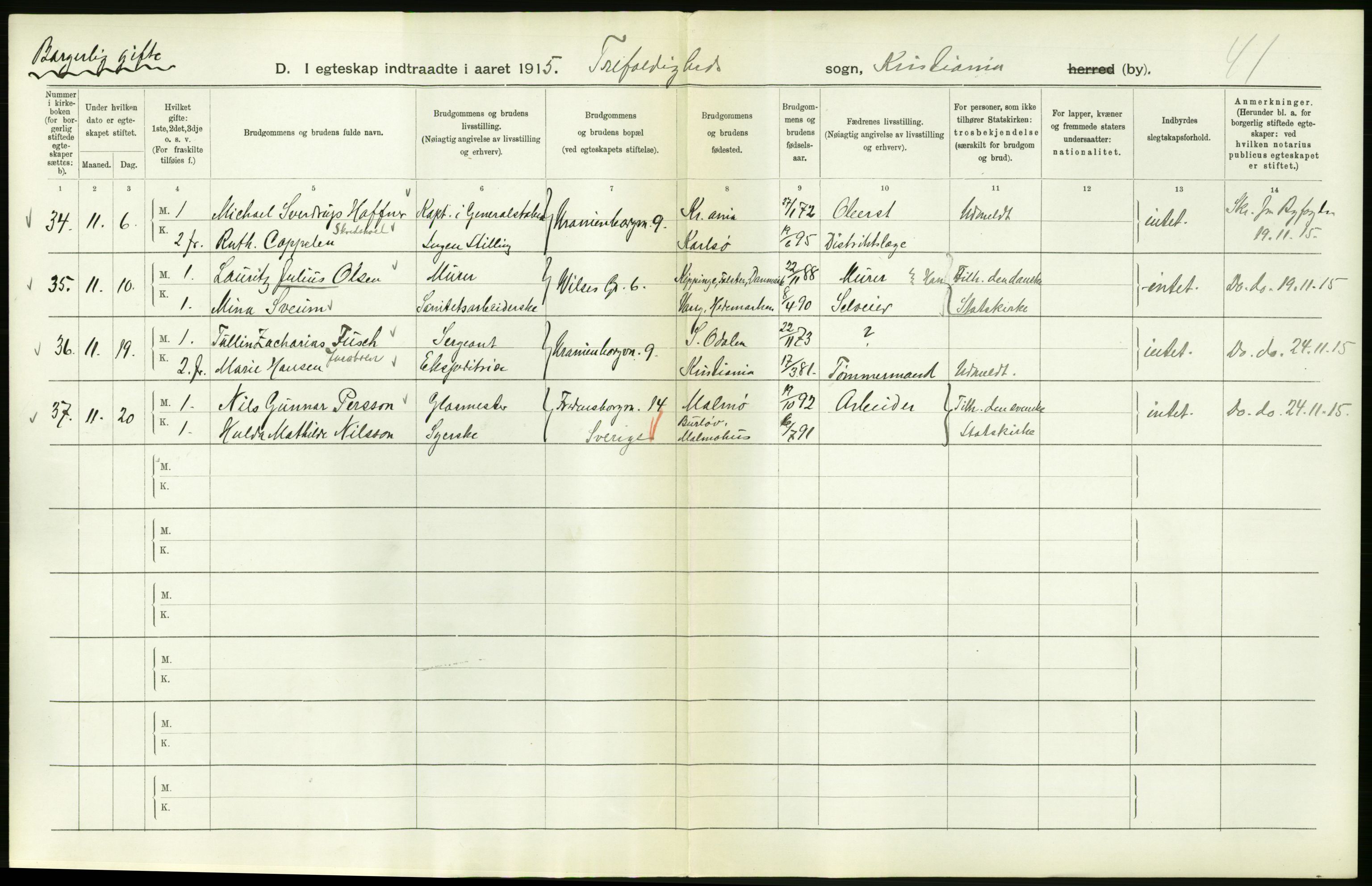 Statistisk sentralbyrå, Sosiodemografiske emner, Befolkning, RA/S-2228/D/Df/Dfb/Dfbe/L0008: Kristiania: Gifte., 1915, p. 130